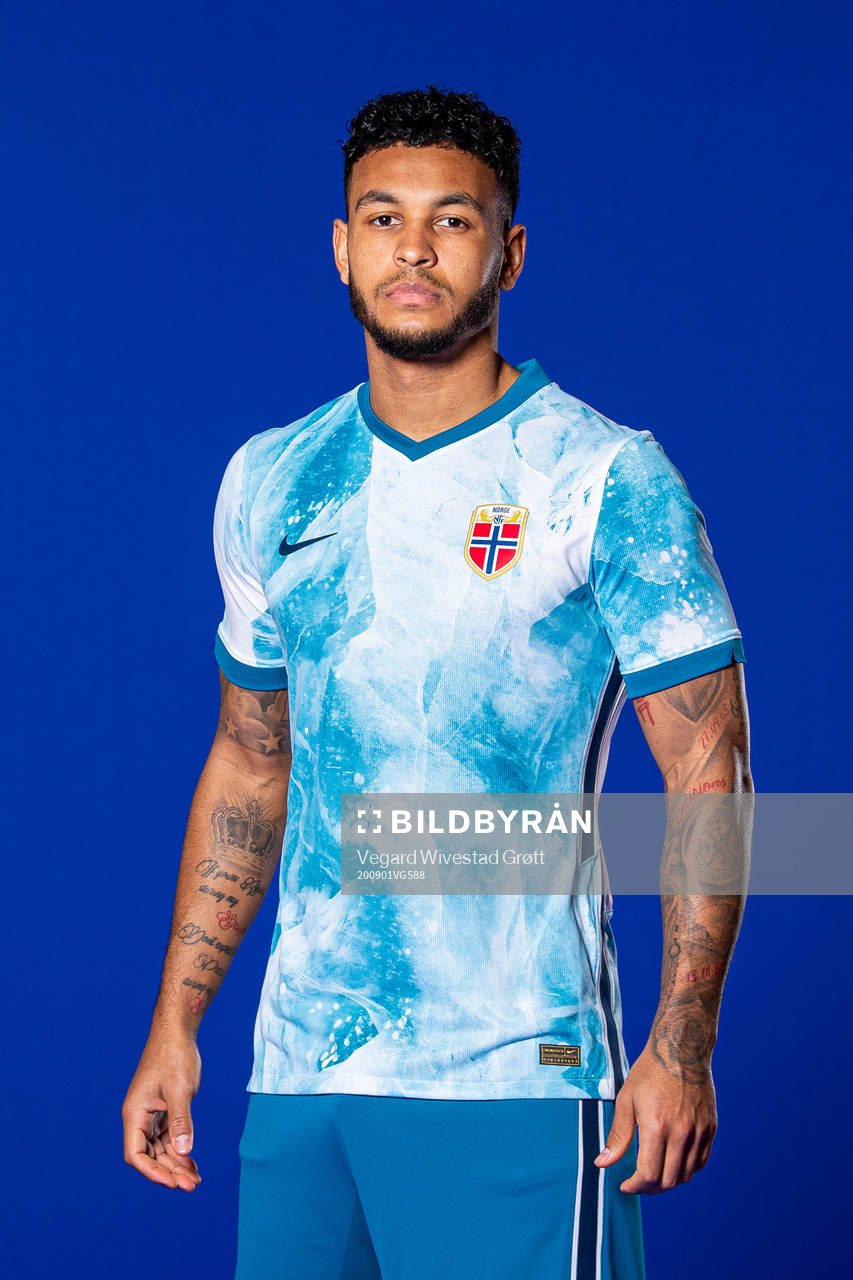 Joshua King of the Norwegian national football team poses