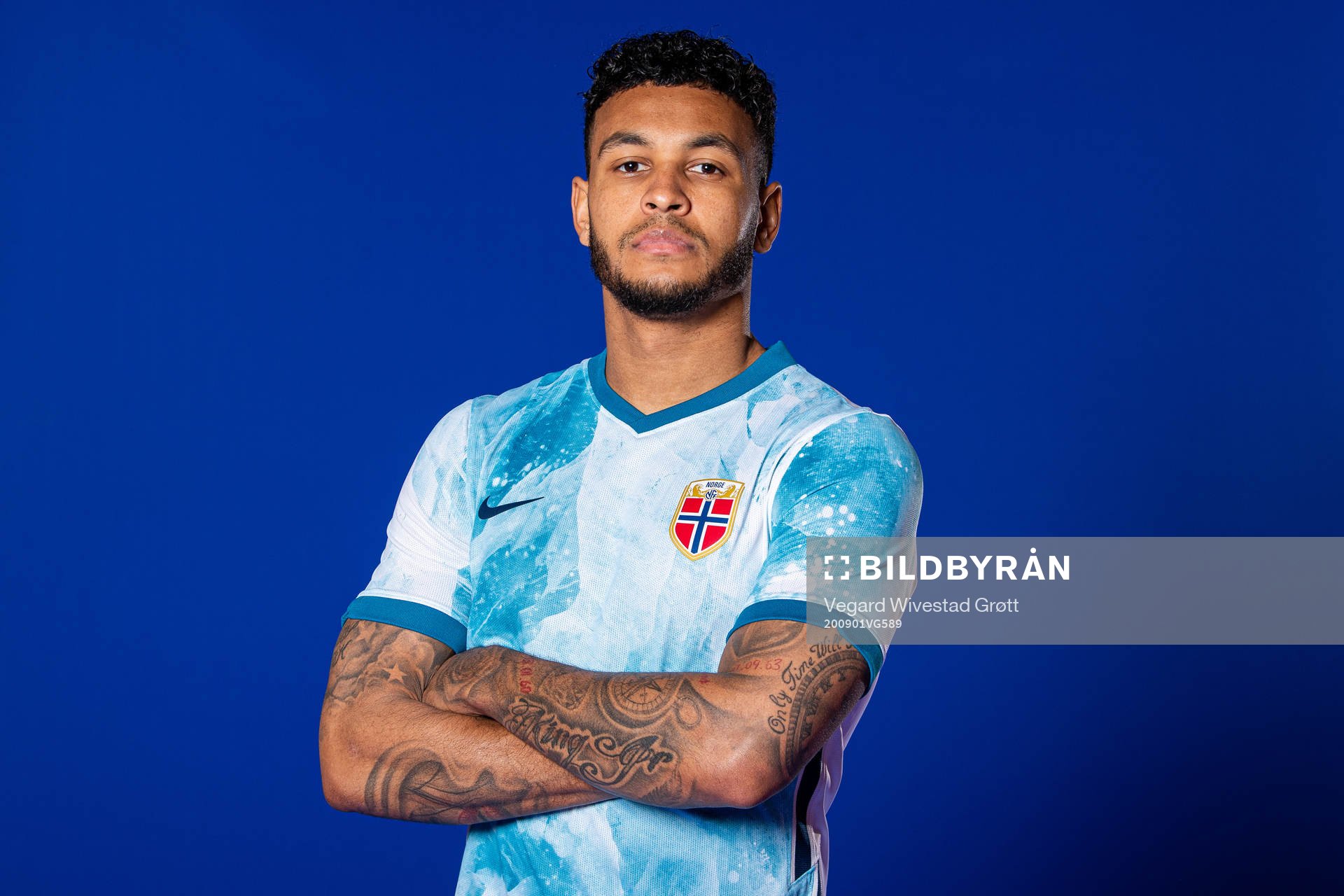 Joshua King of the Norwegian national football team poses