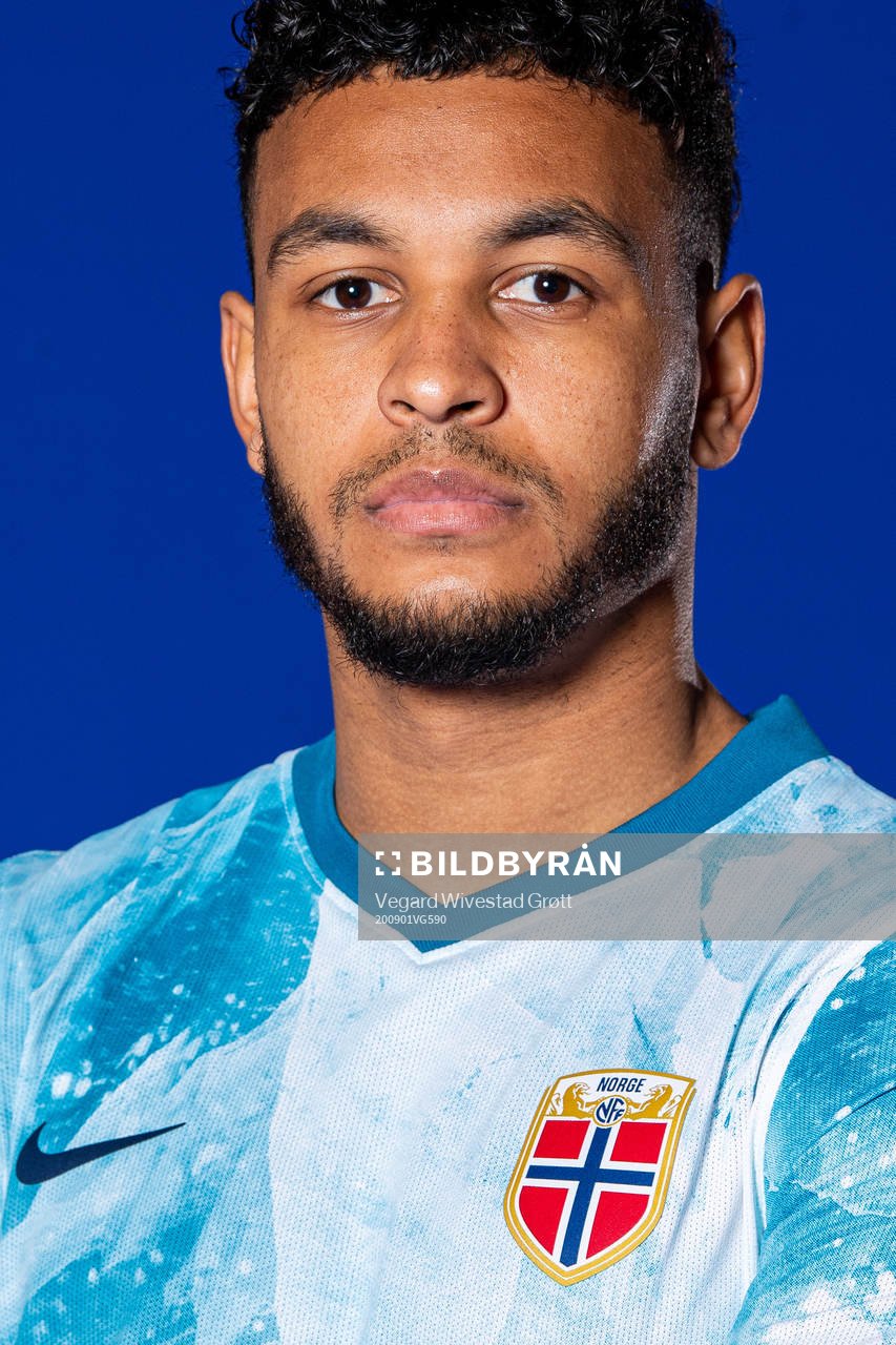 Joshua King of the Norwegian national football team poses