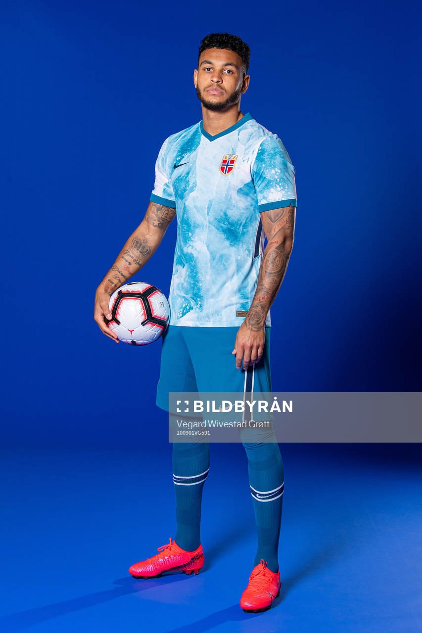 Joshua King of the Norwegian national football team poses