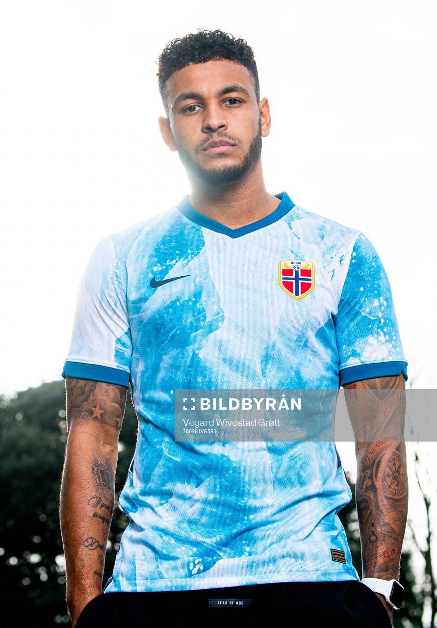 Joshua King of the Norwegian national football team poses