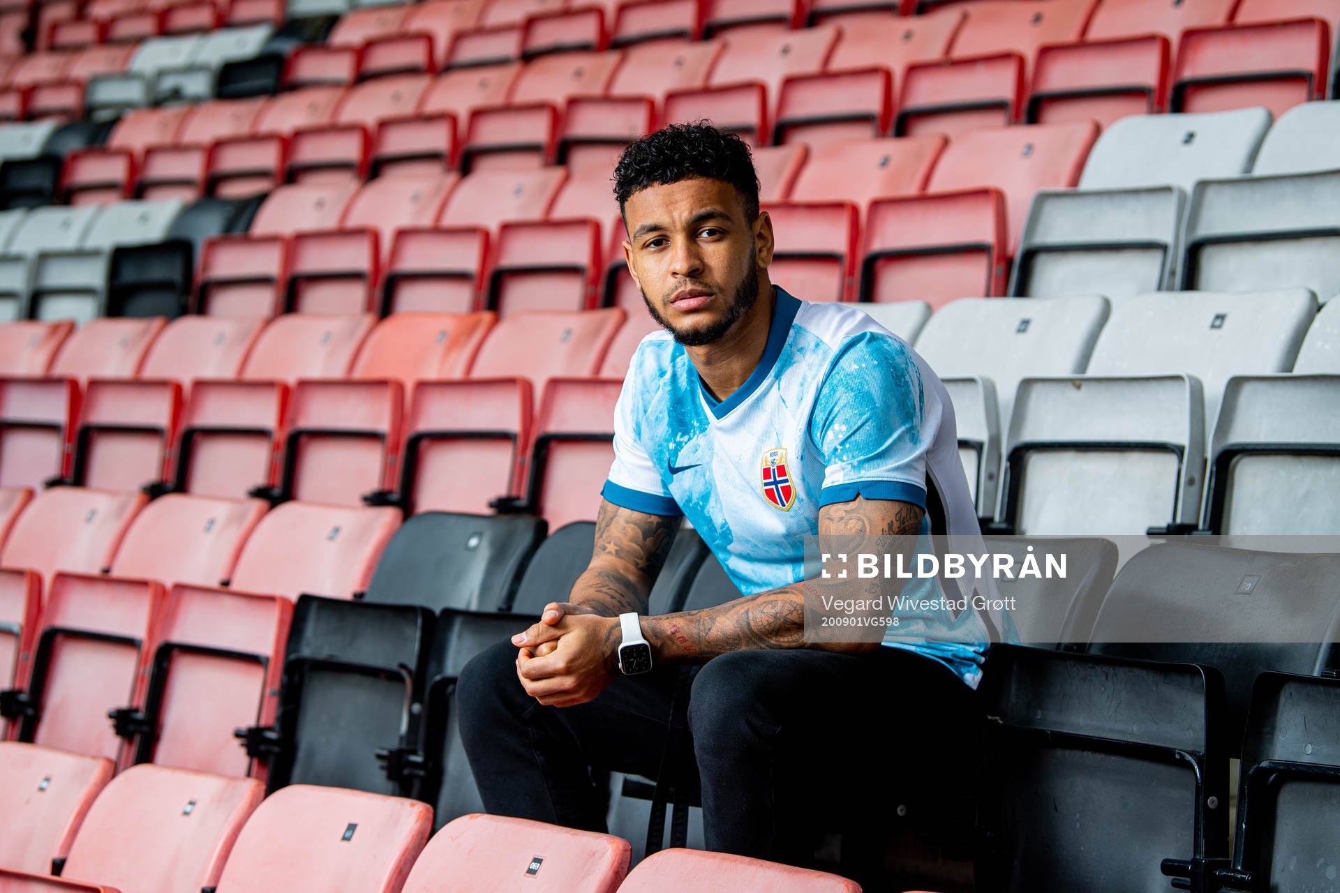 Joshua King of the Norwegian national football team poses