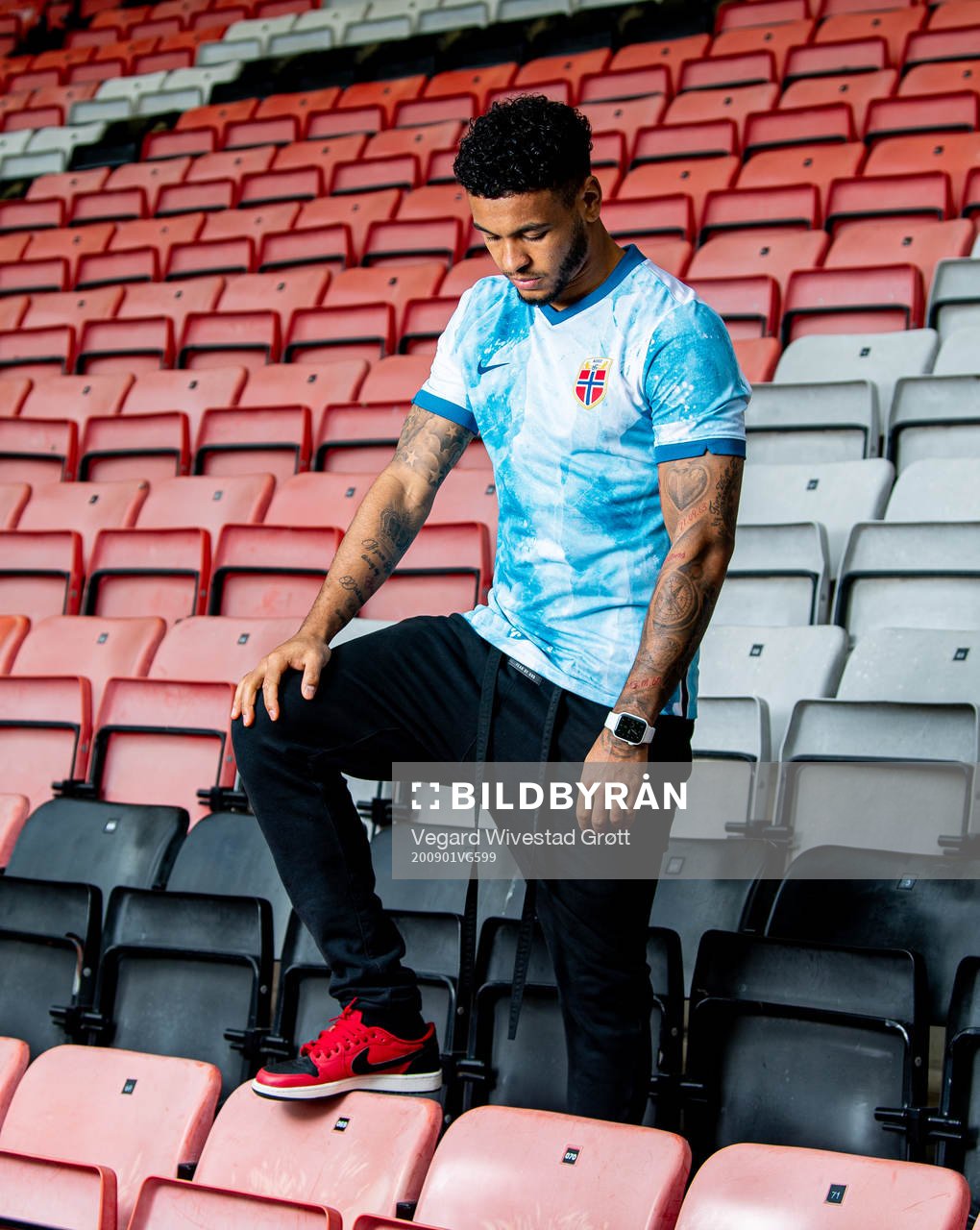 Joshua King of the Norwegian national football team poses