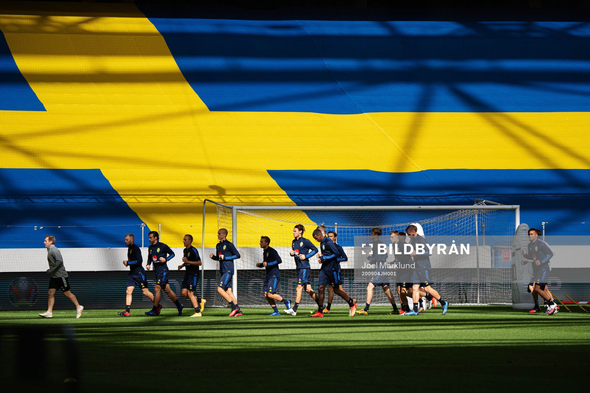 Players of the Swedish national football team warming up during a training session on September 4, 2020 in Stockholm.