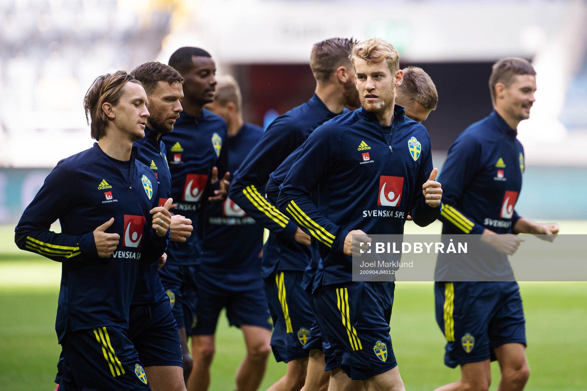 Kristoffer Olsson, Marcus Berg and Filip Helander of the Swedish national football team during a training session on September 4, 2020 in Stockholm.