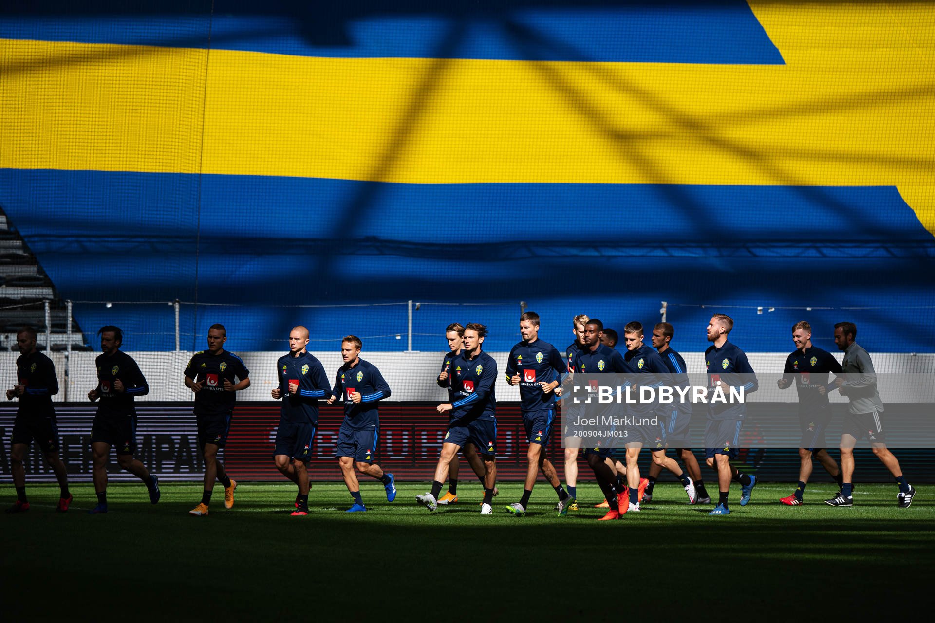 Players of the Swedish national football team warming up during a training session on September 4, 2020 in Stockholm.