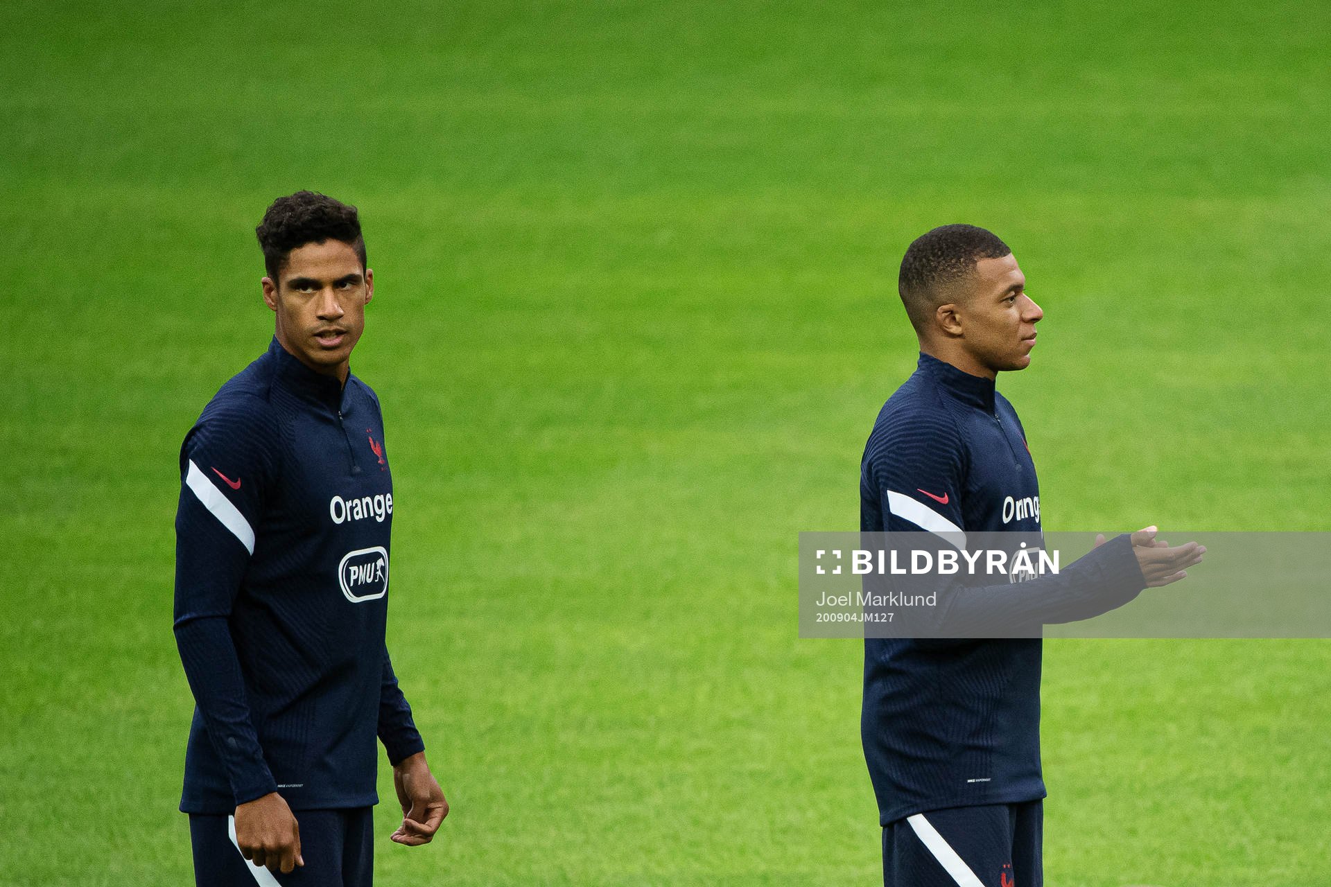 Raphaël Varane and Kylian Mbappé of the French national