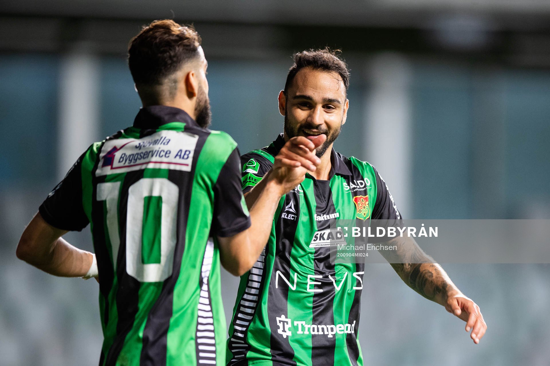 GAIS Mervan Celik jublar ihop med Richard Yarsuvat efter sitt 2-0 mål under fotbollsmatchen i Superettan mellan GAIS och Trelleborg den 4 september 2020 i Göteborg.