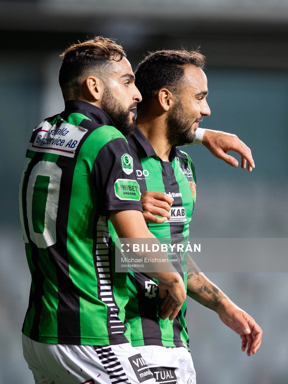 GAIS Mervan Celik jublar ihop med Richard Yarsuvat efter sitt 2-0 mål under fotbollsmatchen i Superettan mellan GAIS och Trelleborg den 4 september 2020 i Göteborg.