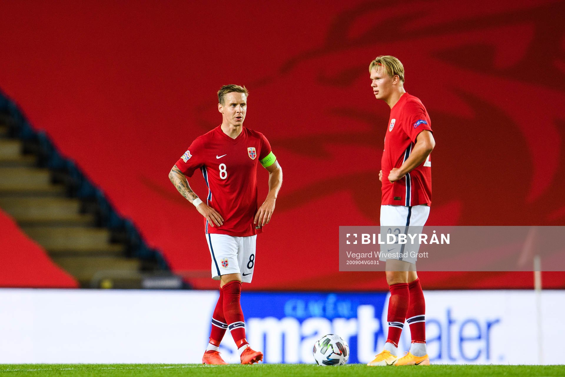 Stefan Johansen and Erling Braut Haaland of Norway look