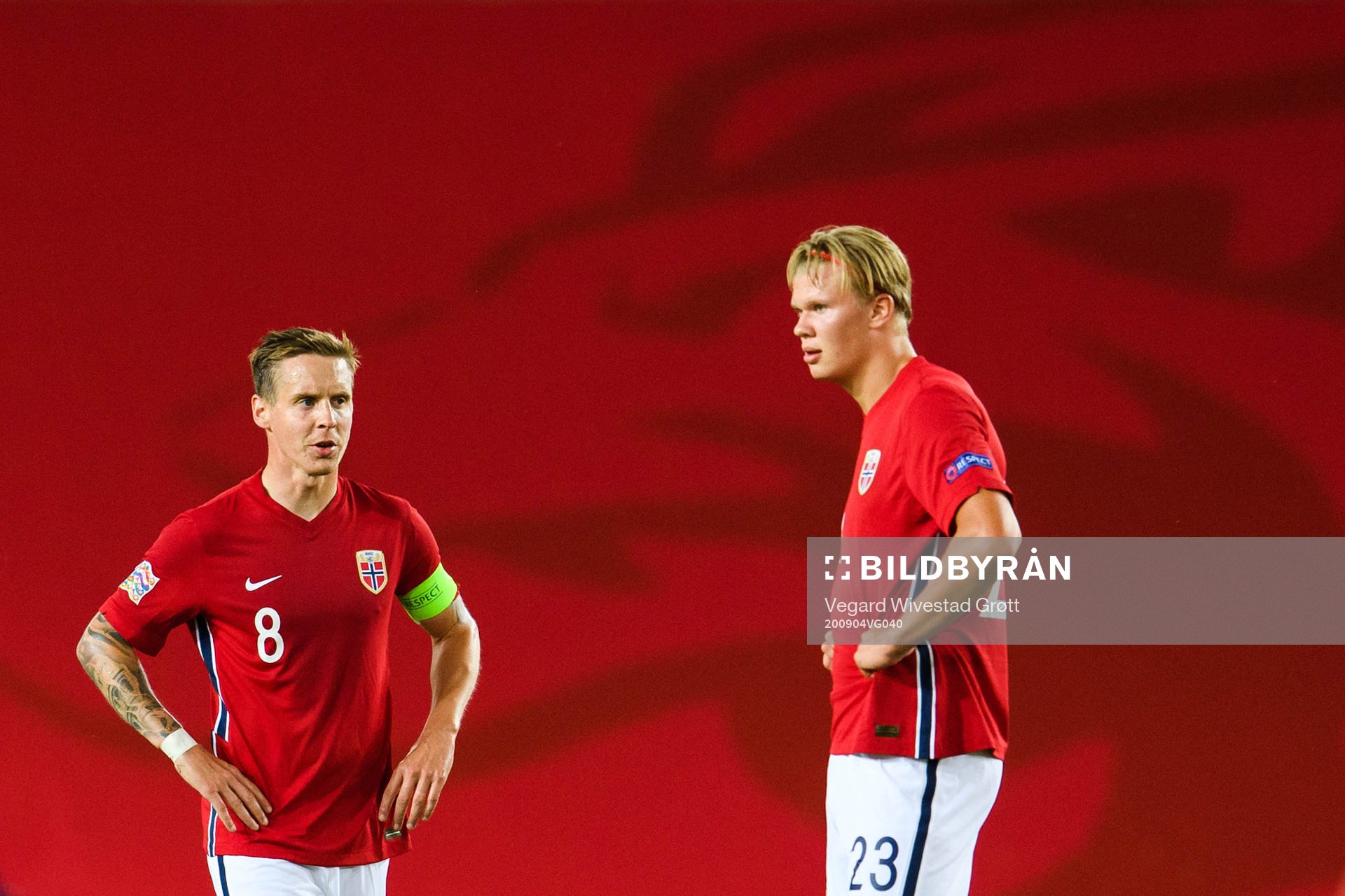 Stefan Johansen and Erling Braut Haaland of Norway look