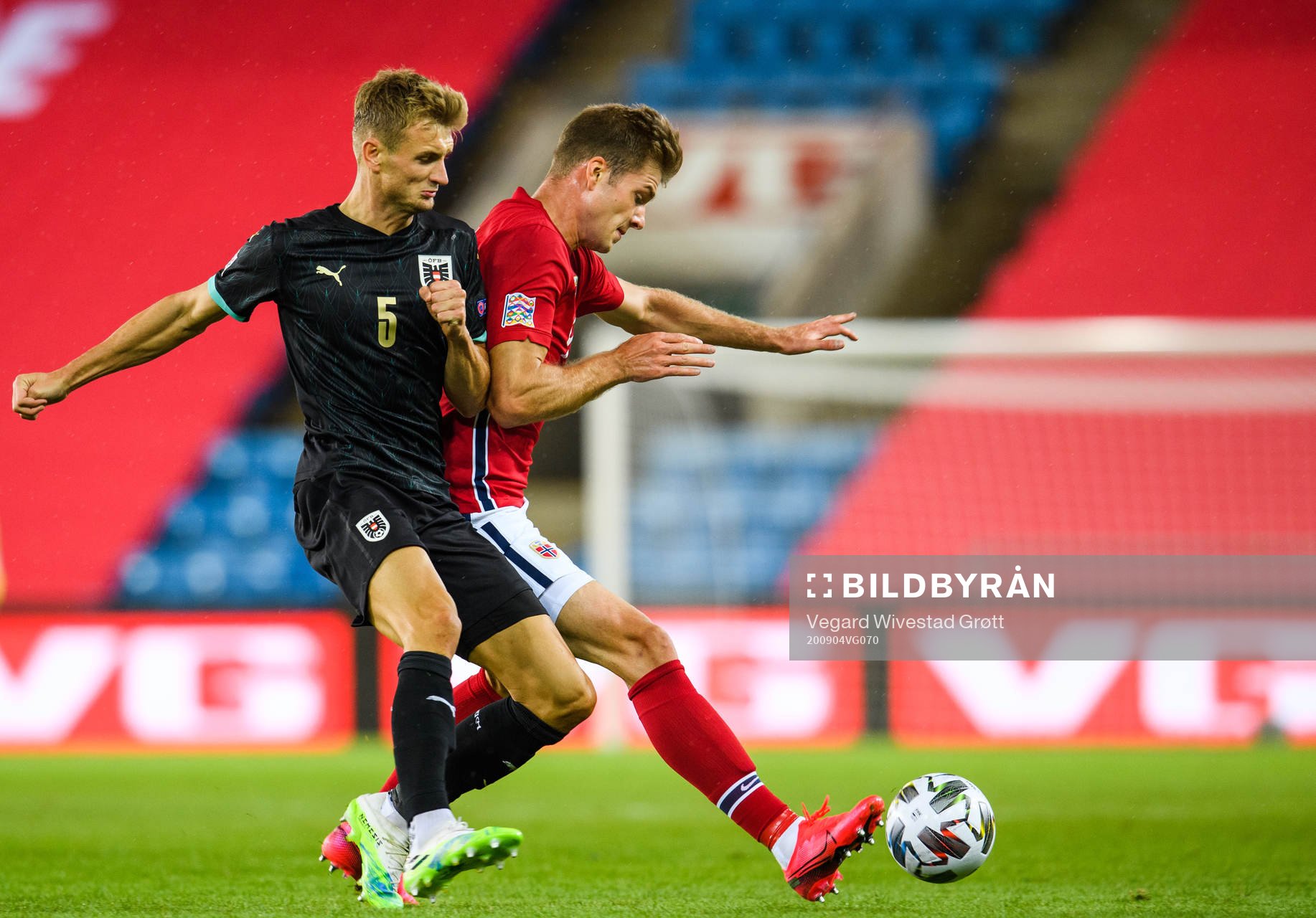Stefan Posch of Austria and Alexander Sørloth of Norway