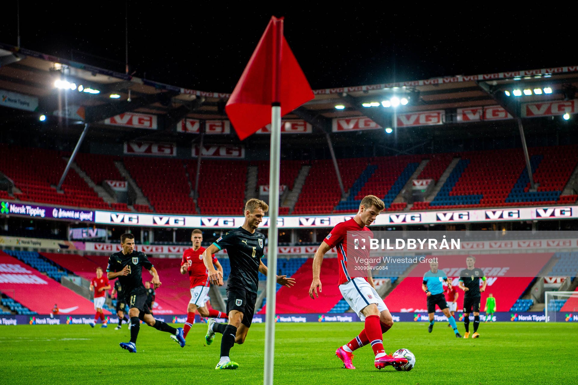 Stefan Posch of Austria and Alexander Sørloth of Norway