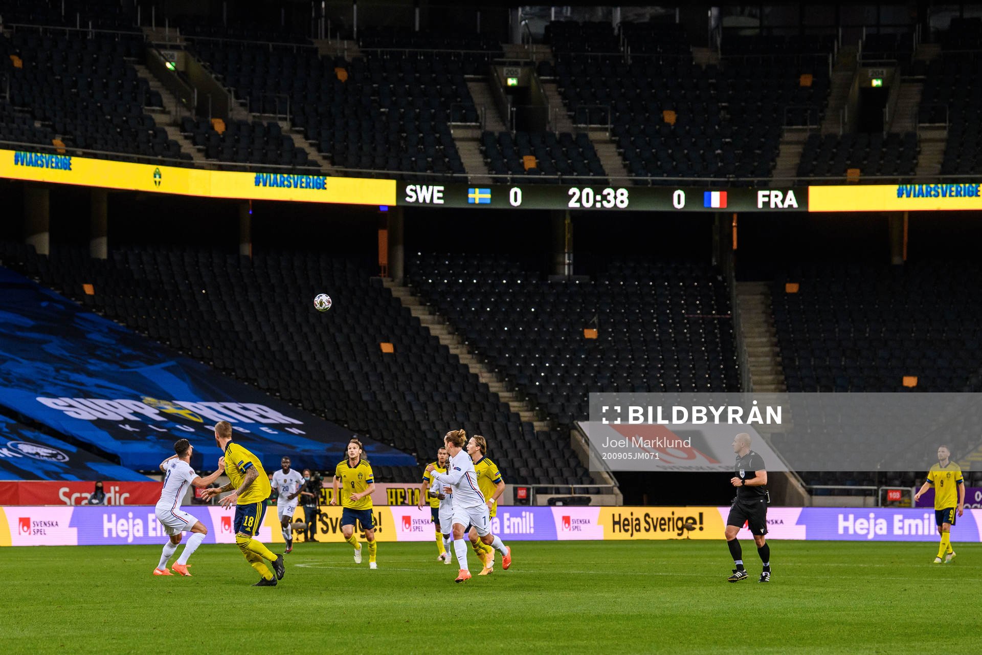 General view over Friends Arena with empty stands due to