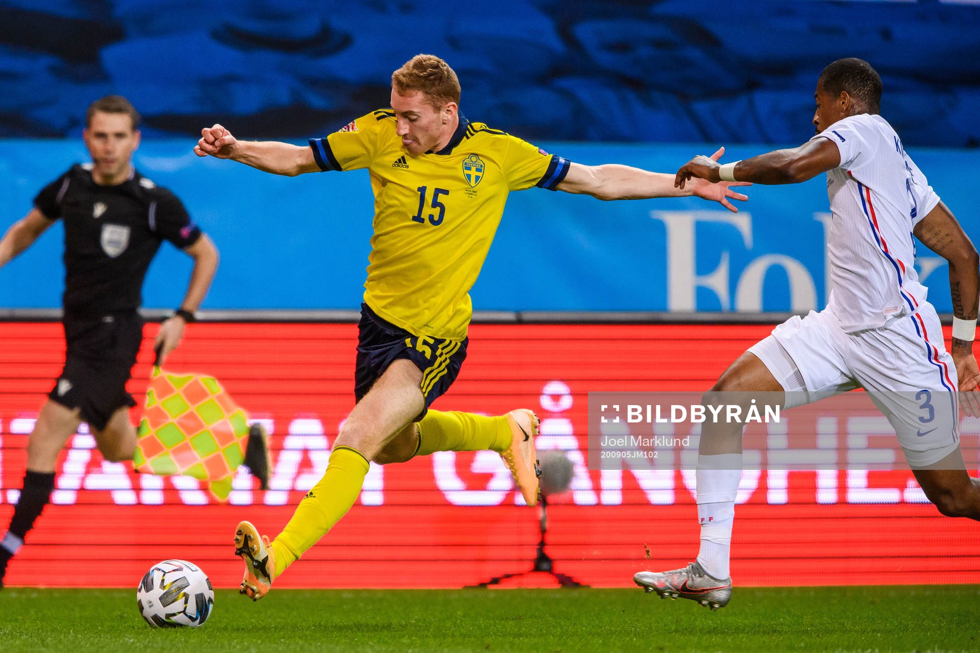 Dejan Kulusevski of Sweden and Presnel Kimpembe of France during the Nations League football match between Sweden and France on September 5, 2020 in Stockholm.