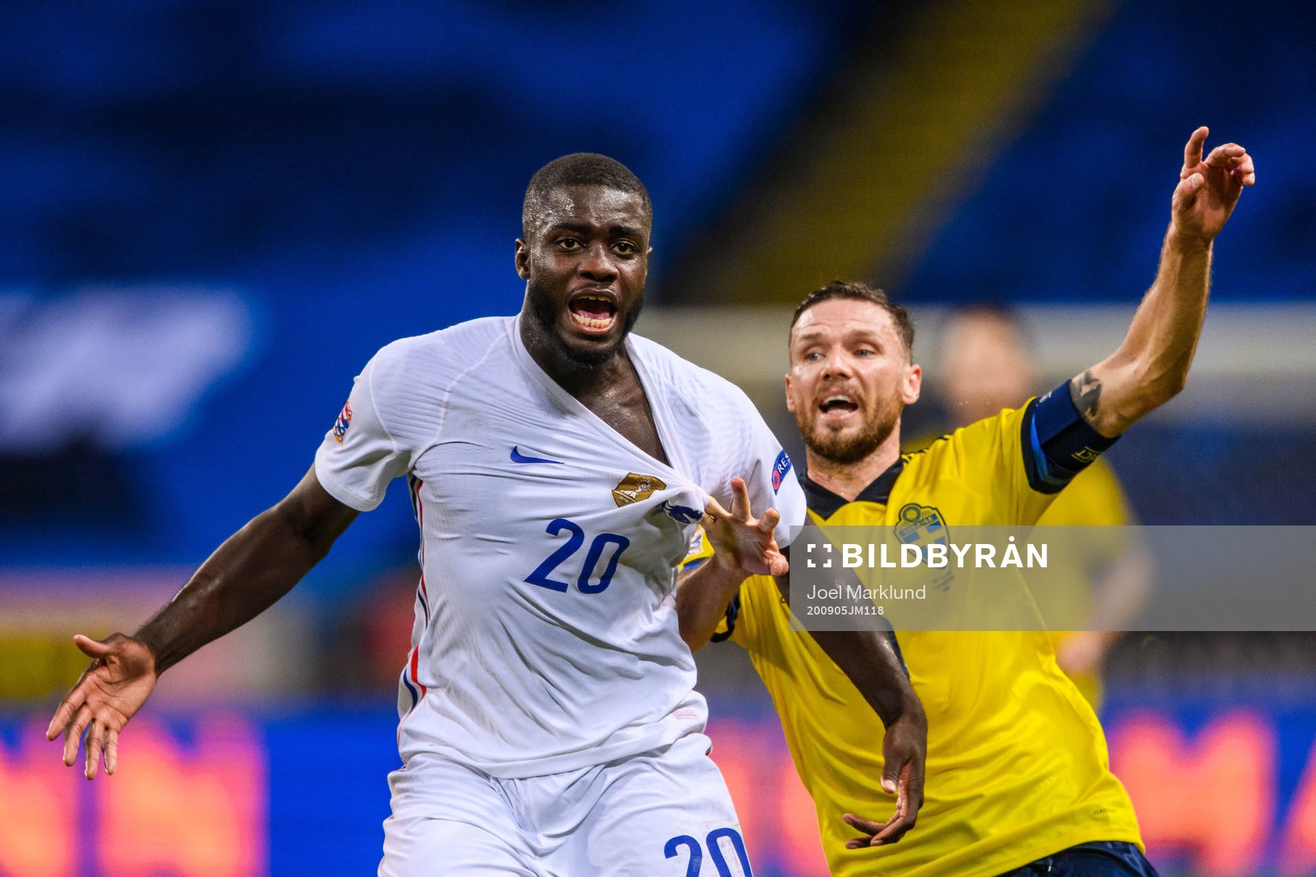 Dayot Upamecano of France and Marcus Berg of Sweden during the Nations League football match between Sweden and France on September 5, 2020 in Stockholm.