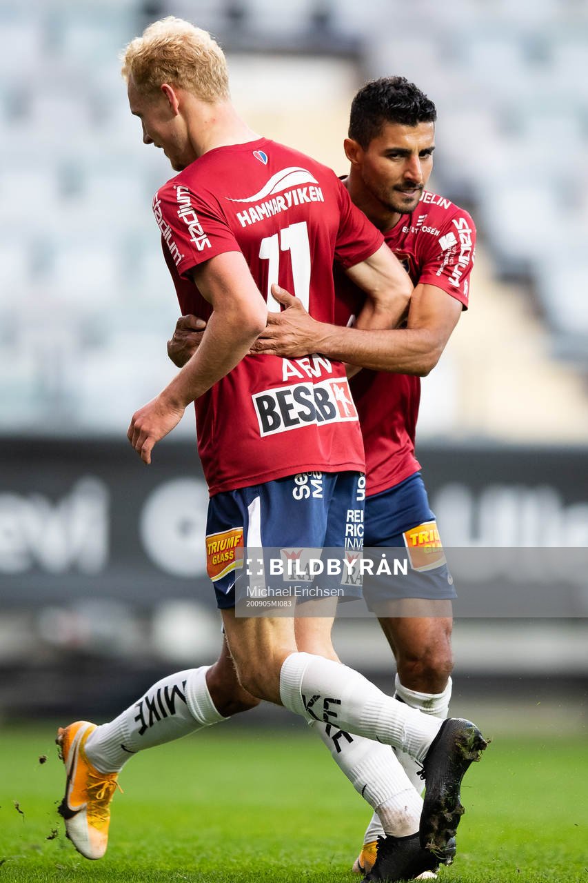 Örgrytes Adam Bergmark Wiberg jublar ihop med Ailton Jose Almeida 2-0 under fotbollsmatchen i Superettan  mellan Örgryte och Norrby den 5 september 2020 i Göteborg.