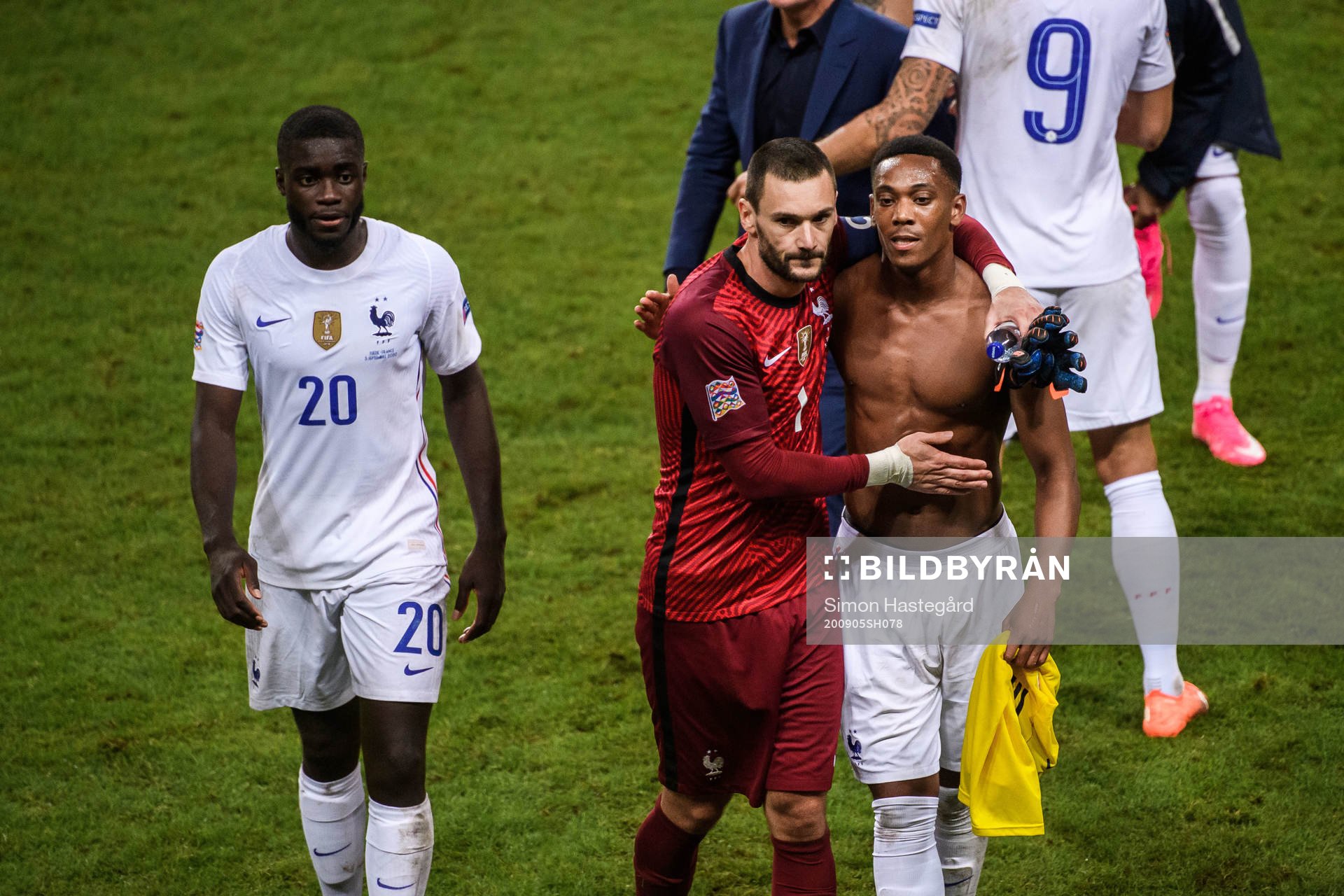 Dayot Upamecano, goalkeeper Hugo Lloris and Anthony Martial