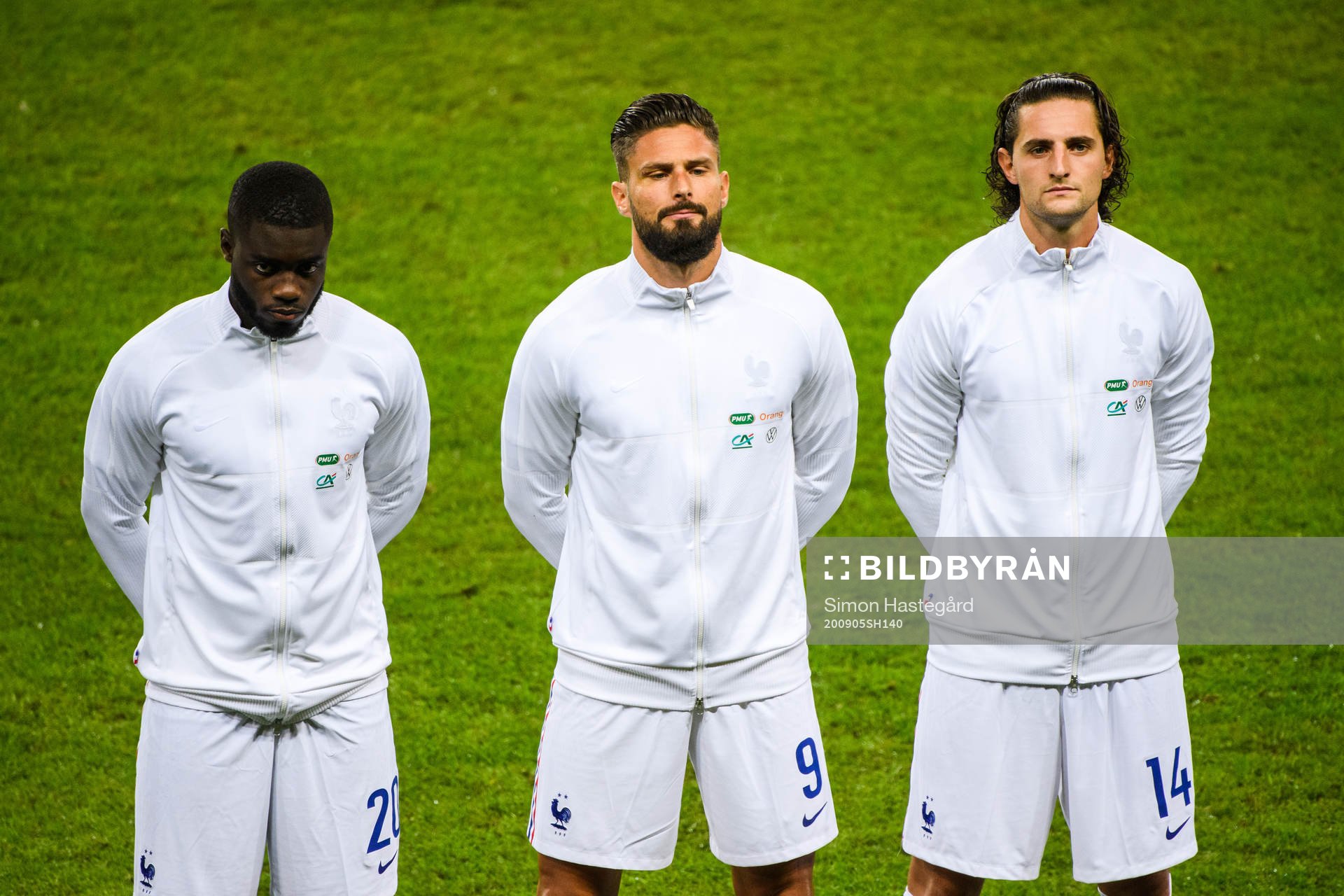 Dayot Upamecano , Olivier Giroud and Adrien Rabiot of France ahead of the Nations League football match between Sweden and France on September 5, 2020 in Stockholm.