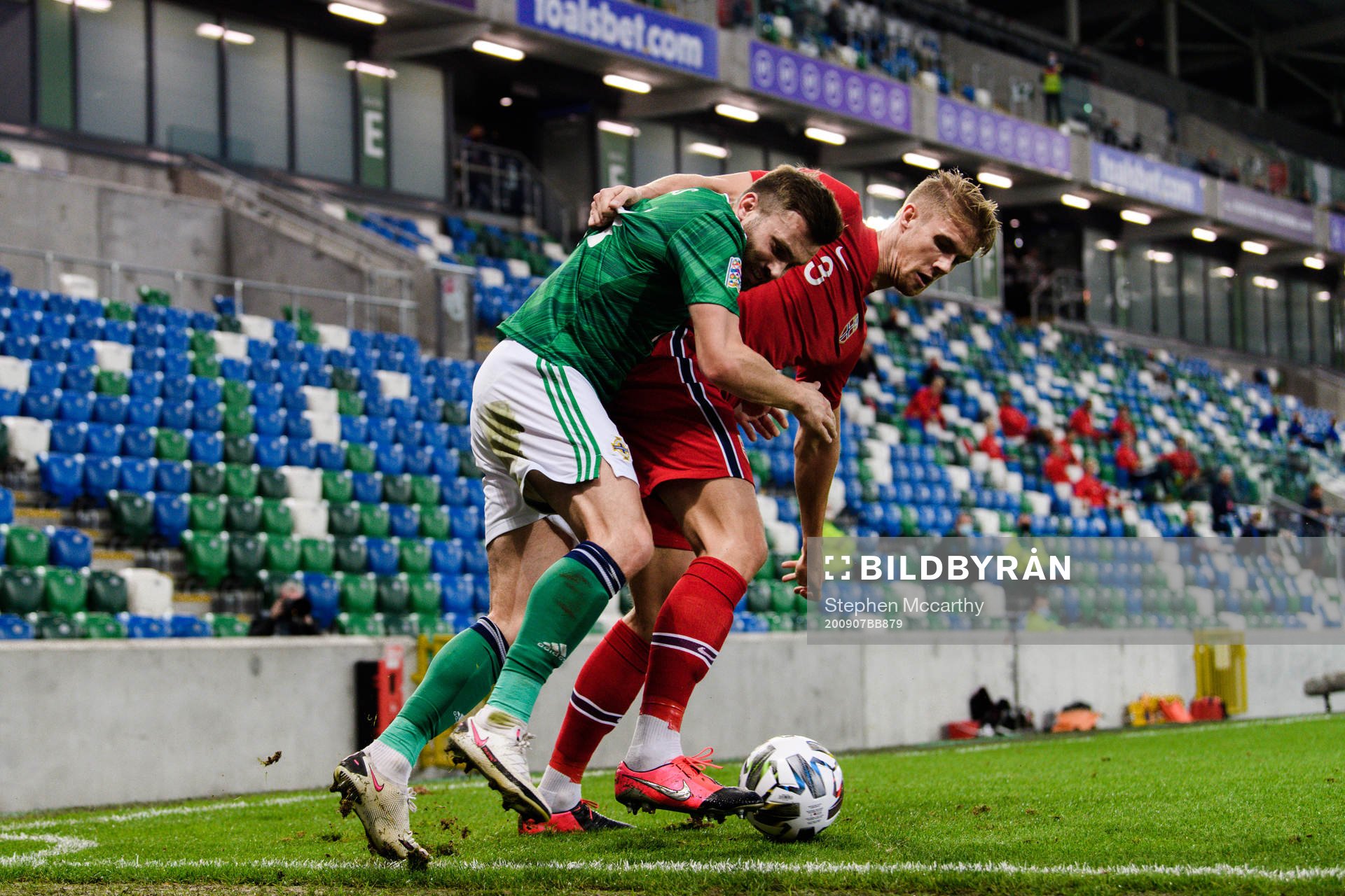 Stuart Dallas of Northern Ireland and Kristoffer Ajer of