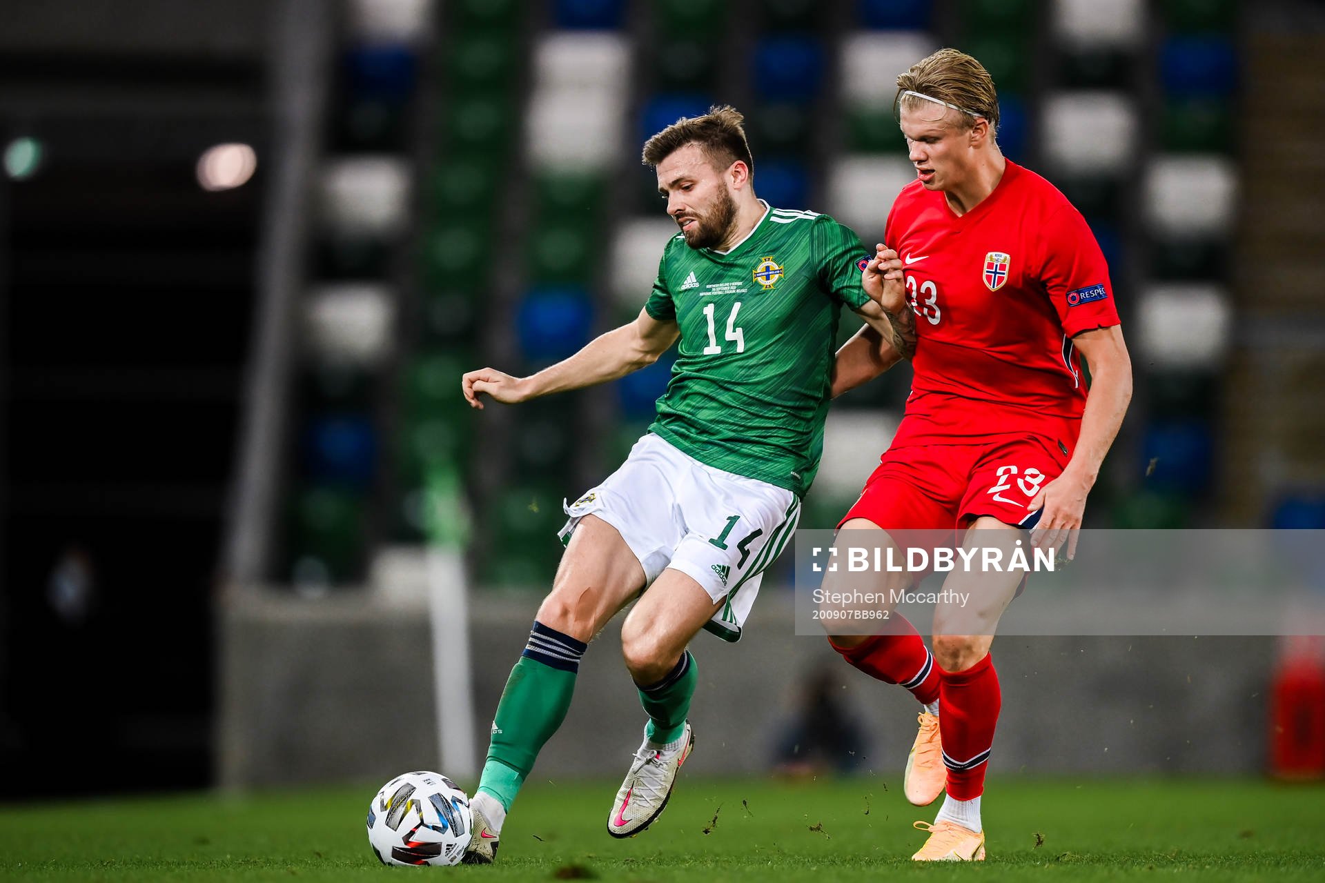 Stuart Dallas of Northern Ireland and Erling Braut Haaland