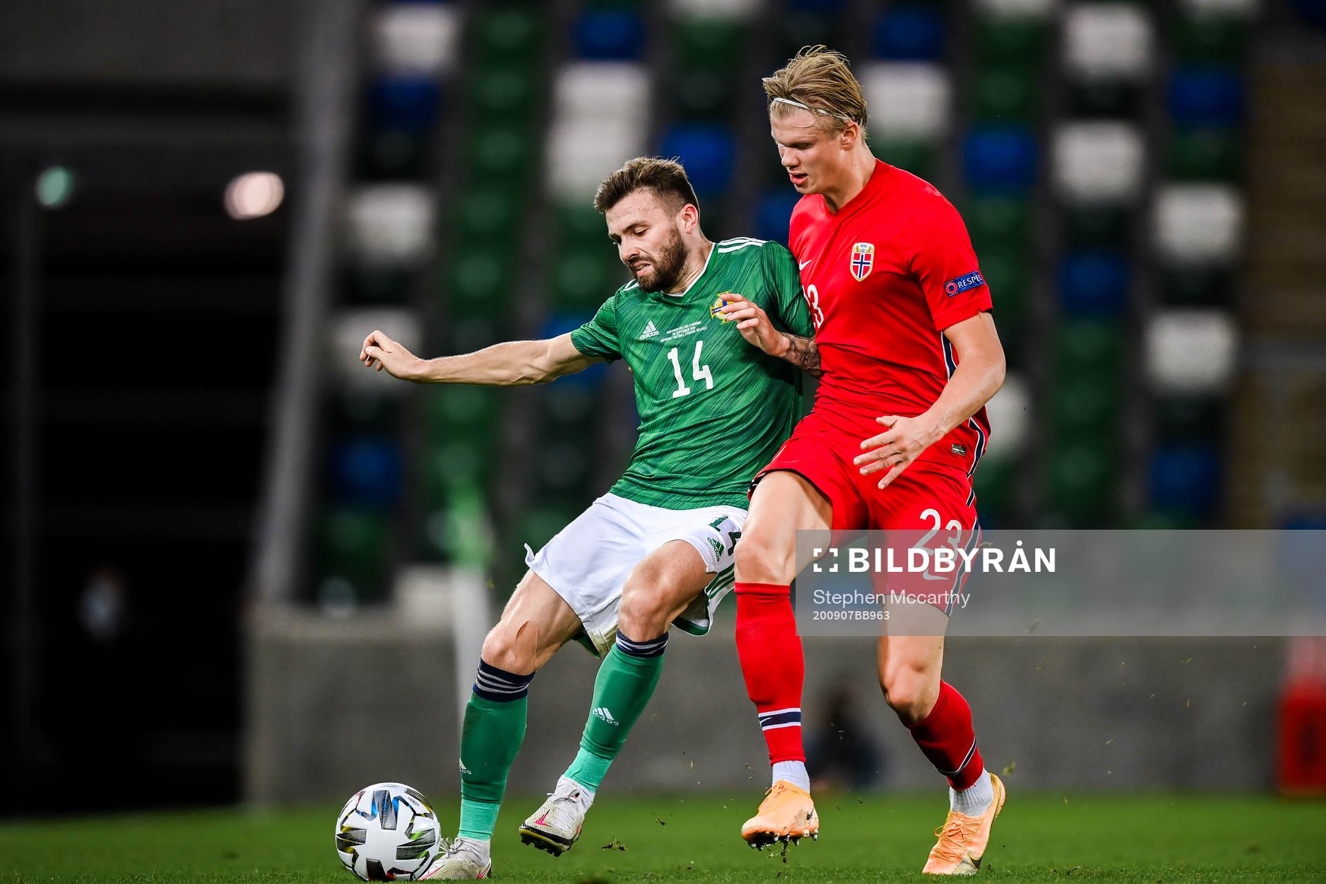 Stuart Dallas of Northern Ireland and Erling Braut Haaland