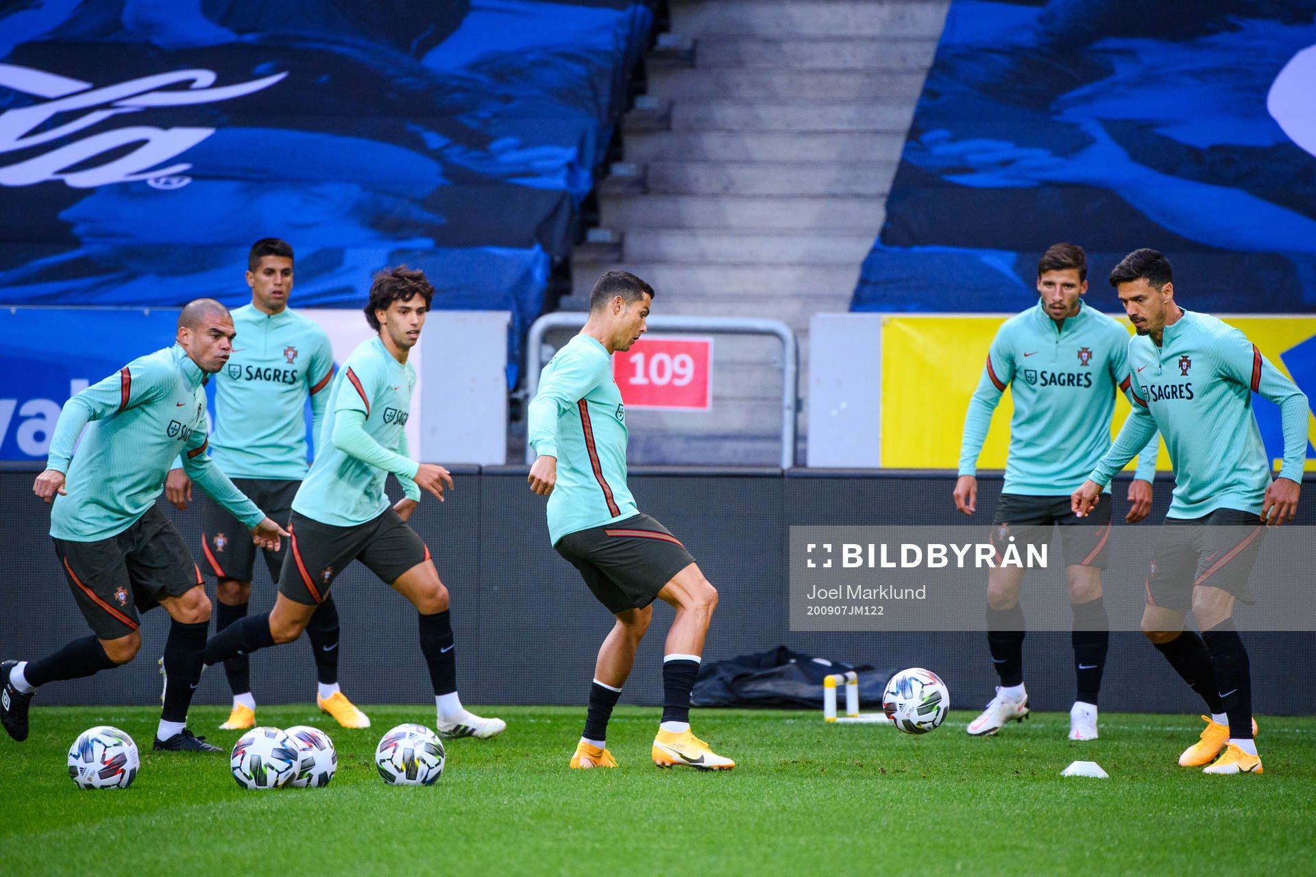 Pepe, Joao Felix, Cristiano Ronaldo, Ruben Dias and Jose Fonte of the Portuguese national football team during a training session on September 7, 2020 in Stockholm.