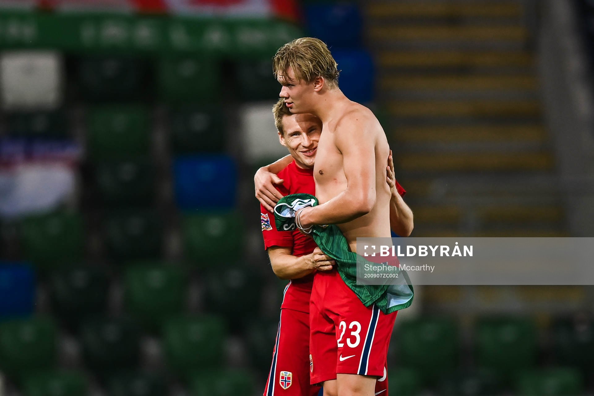 Jonas Svensson and Erling Braut Haaland of Norway celebrate