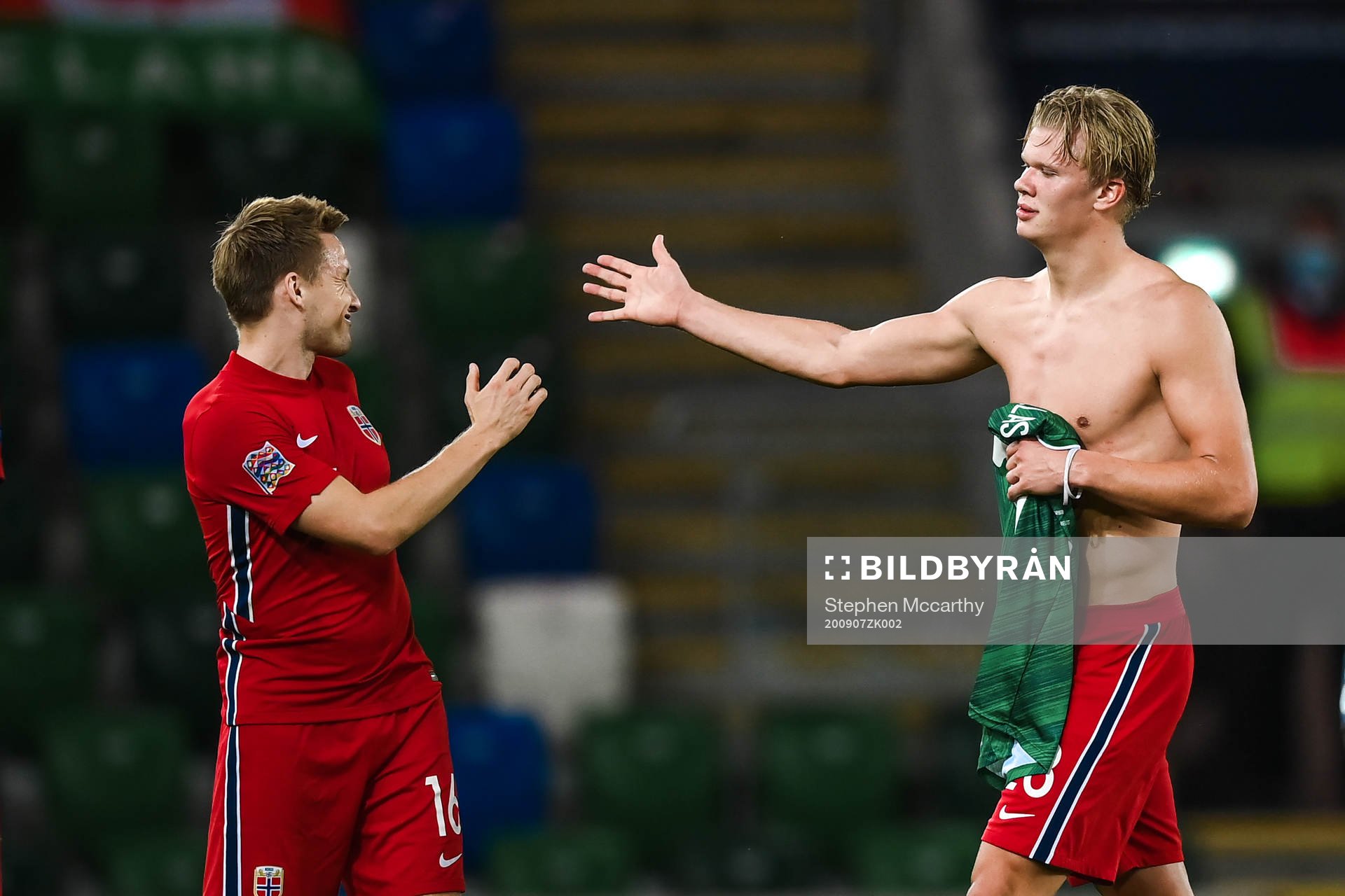 Jonas Svensson and Erling Braut Haaland of Norway celebrate