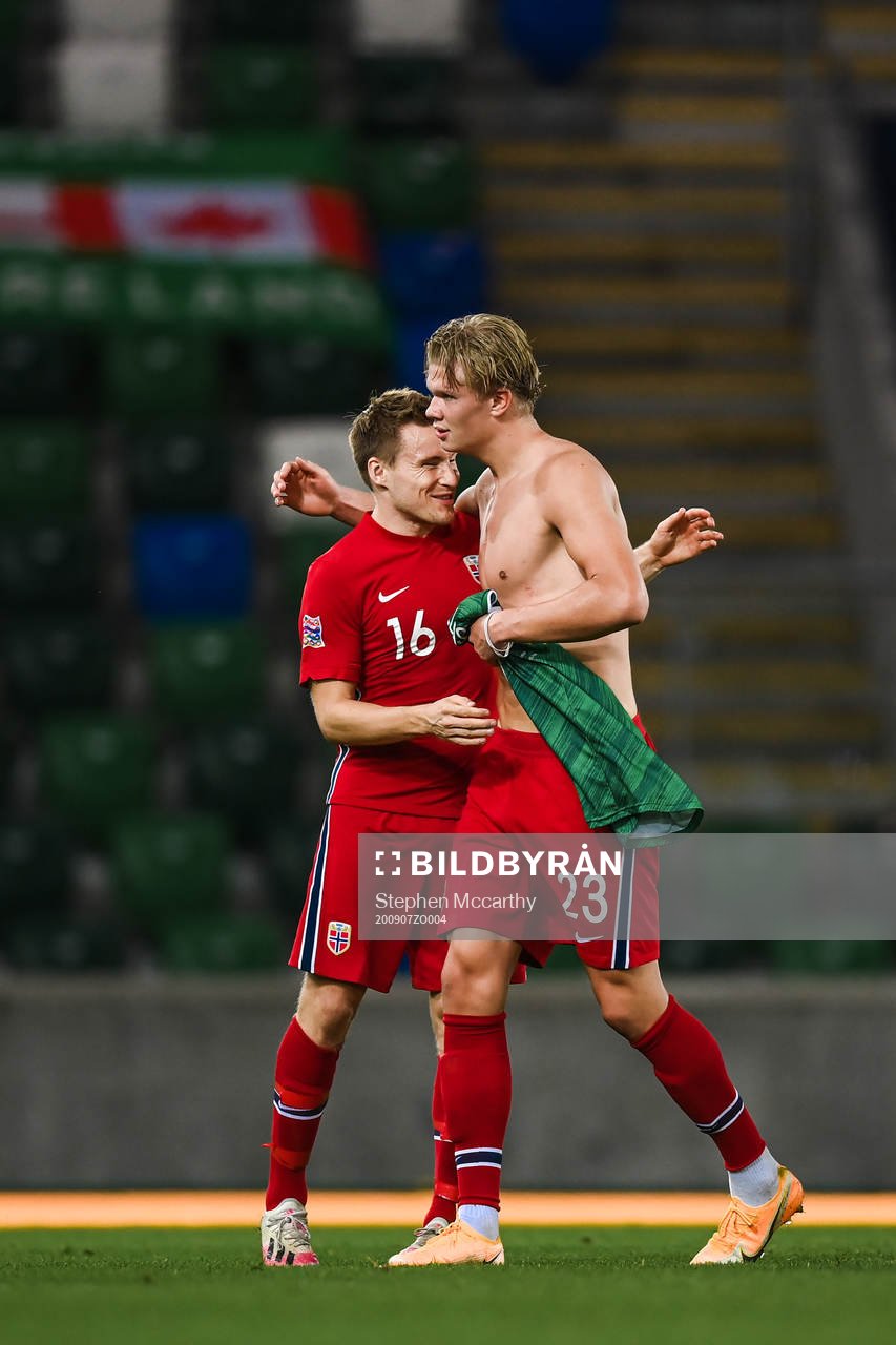 Jonas Svensson and Erling Braut Haaland of Norway celebrate