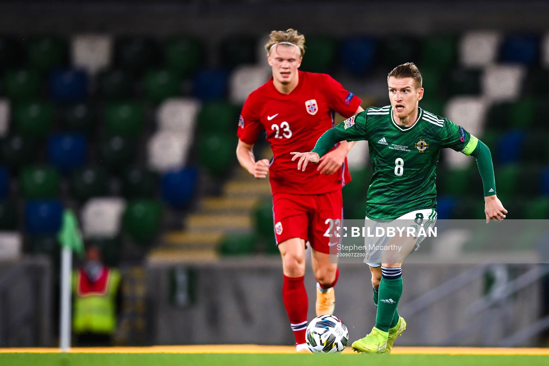 Erling Braut Haaland of Norway and Steven Davis of Northern
