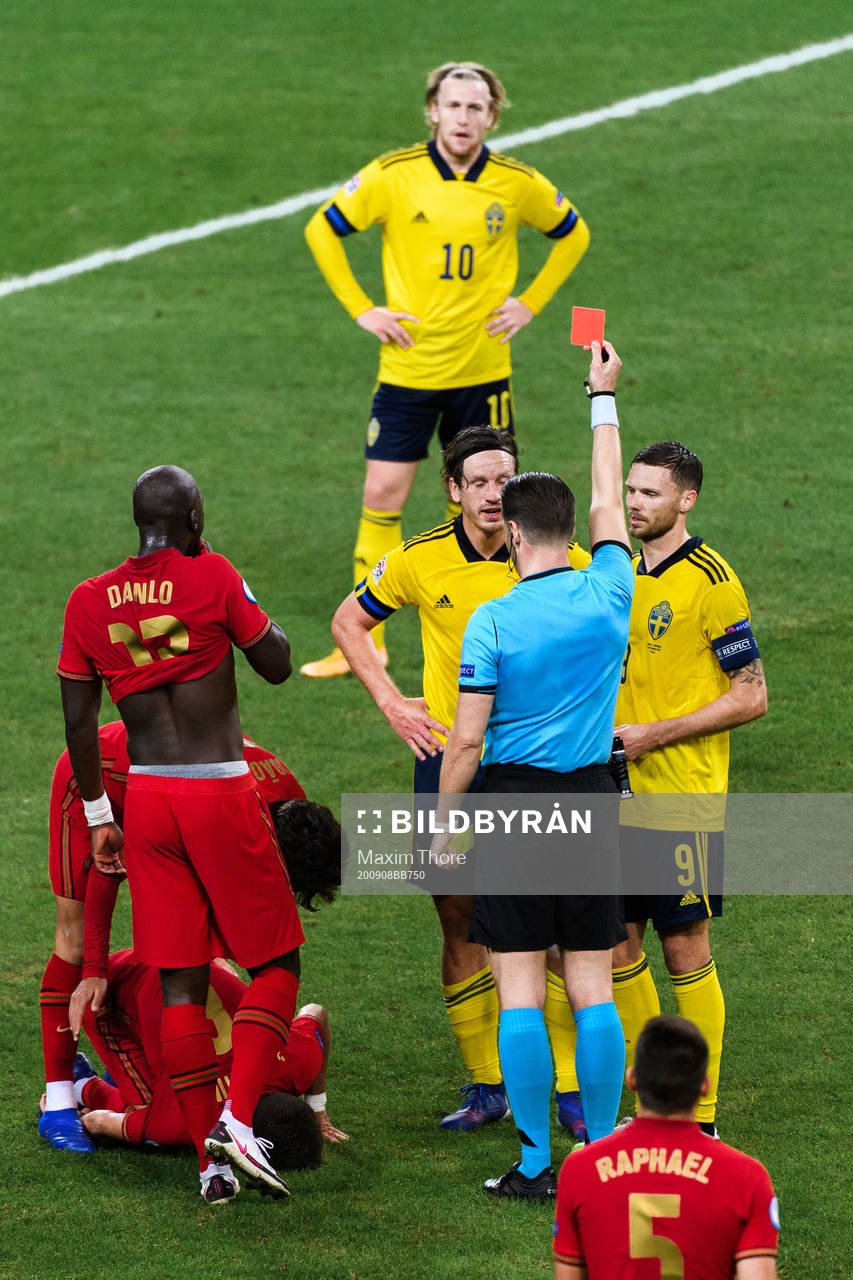 Gustav Svensson of Sweden receives a red card