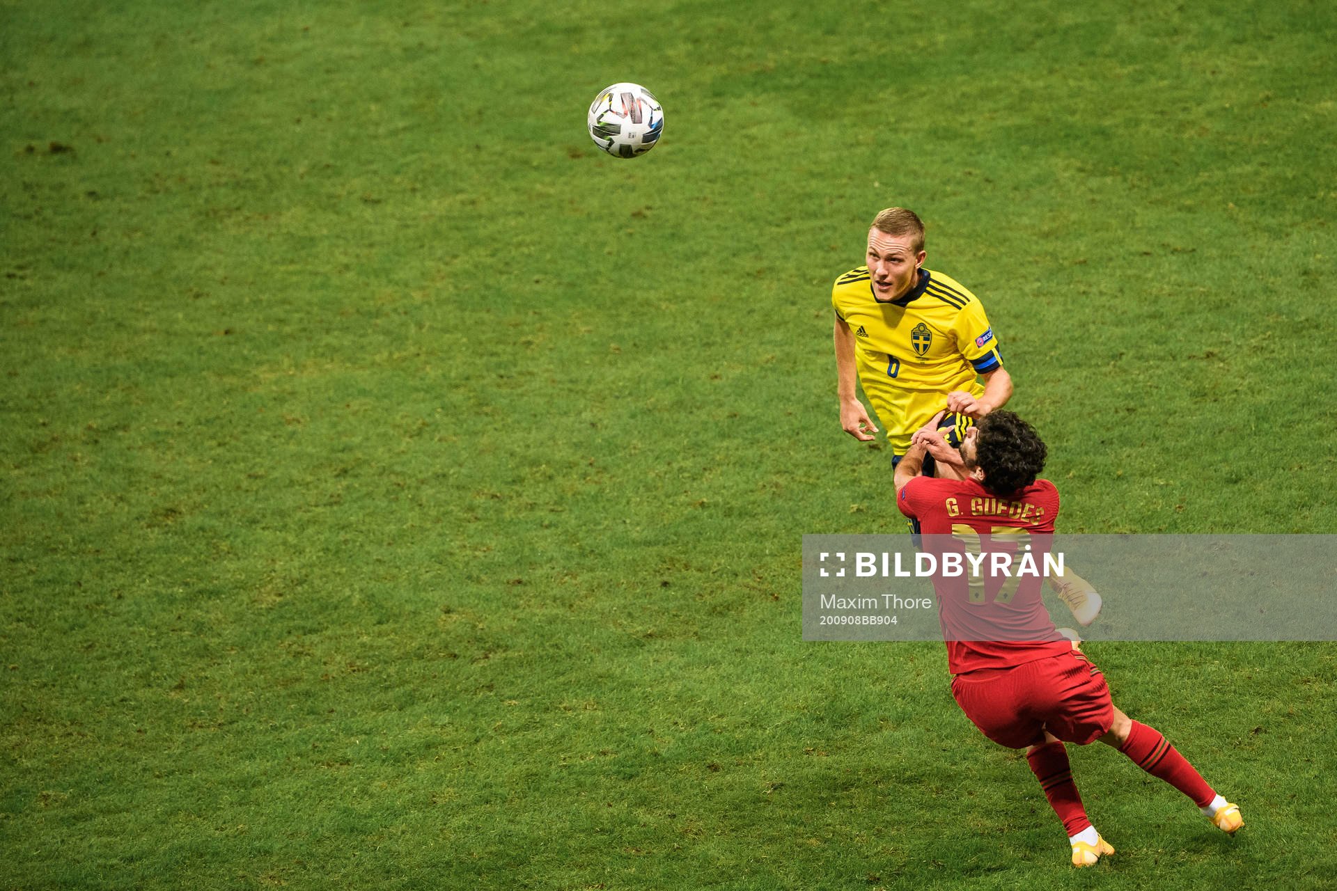 Ludwig Augustinsson of Sweden and Goncalo Guedes of Portugal during the Nations League football match between Sweden and Portugal on September 8, 2020 in Stockholm.