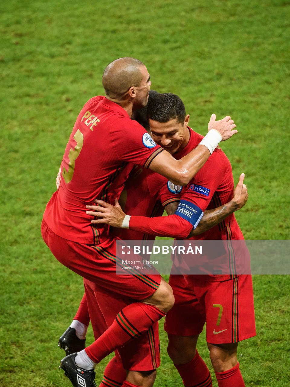 Cristiano Ronaldo of Portugal celebrate with Pepe after scoring 0-1 during the Nations League football match between Sweden and Portugal on September 8, 2020 in Stockholm.