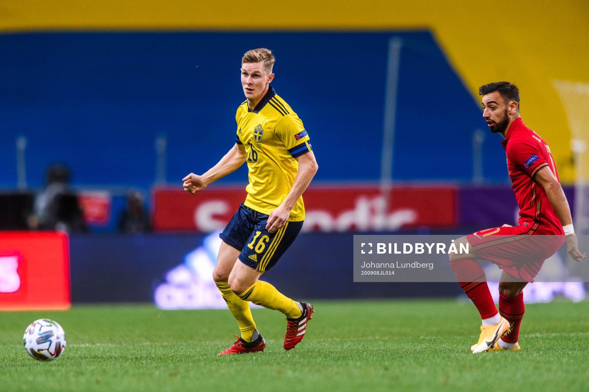 Emil Krafth of Sweden and Bruno Fernandes of Portugal