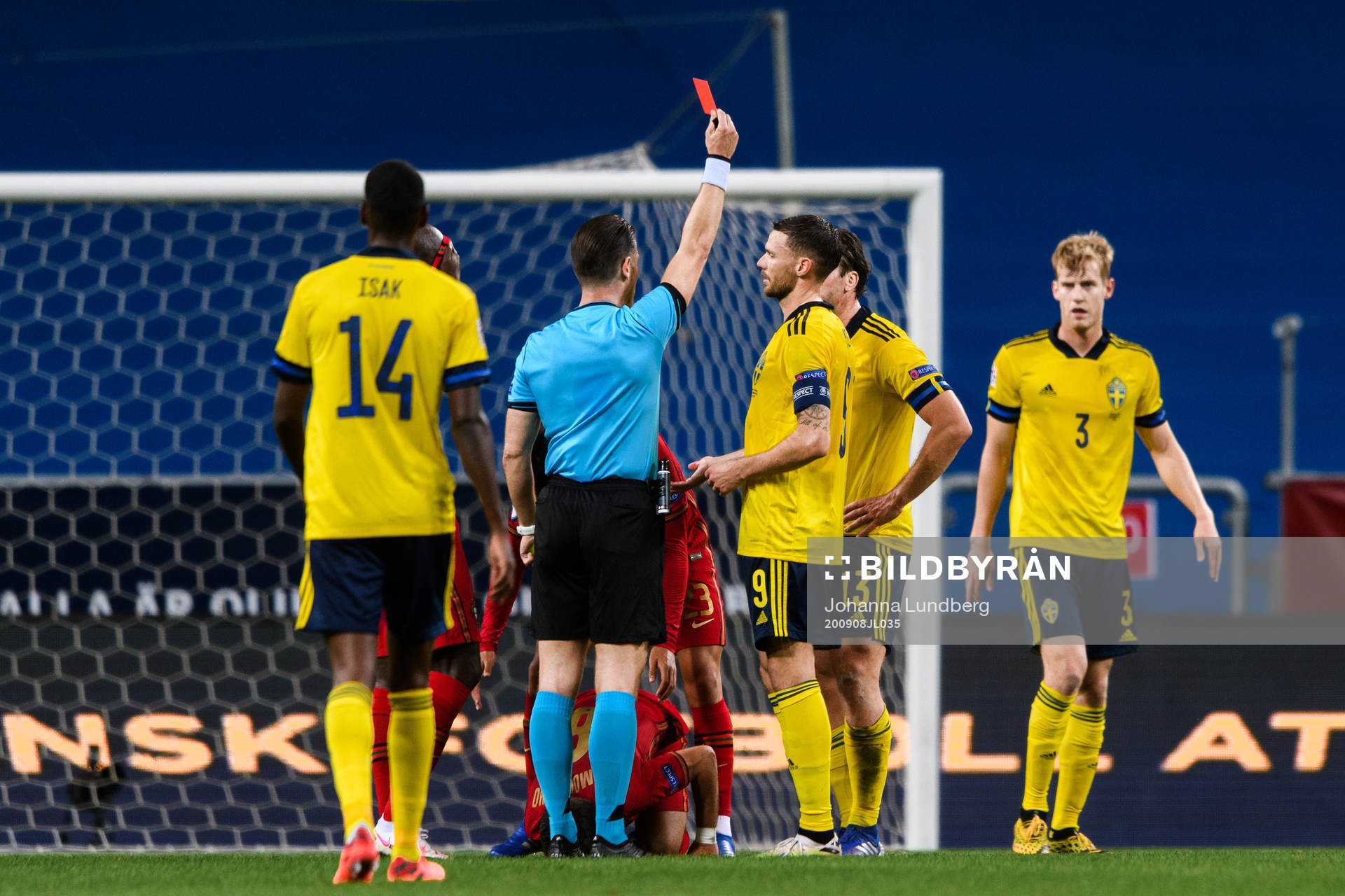 Gustav Svensson of Sweden receives a red card