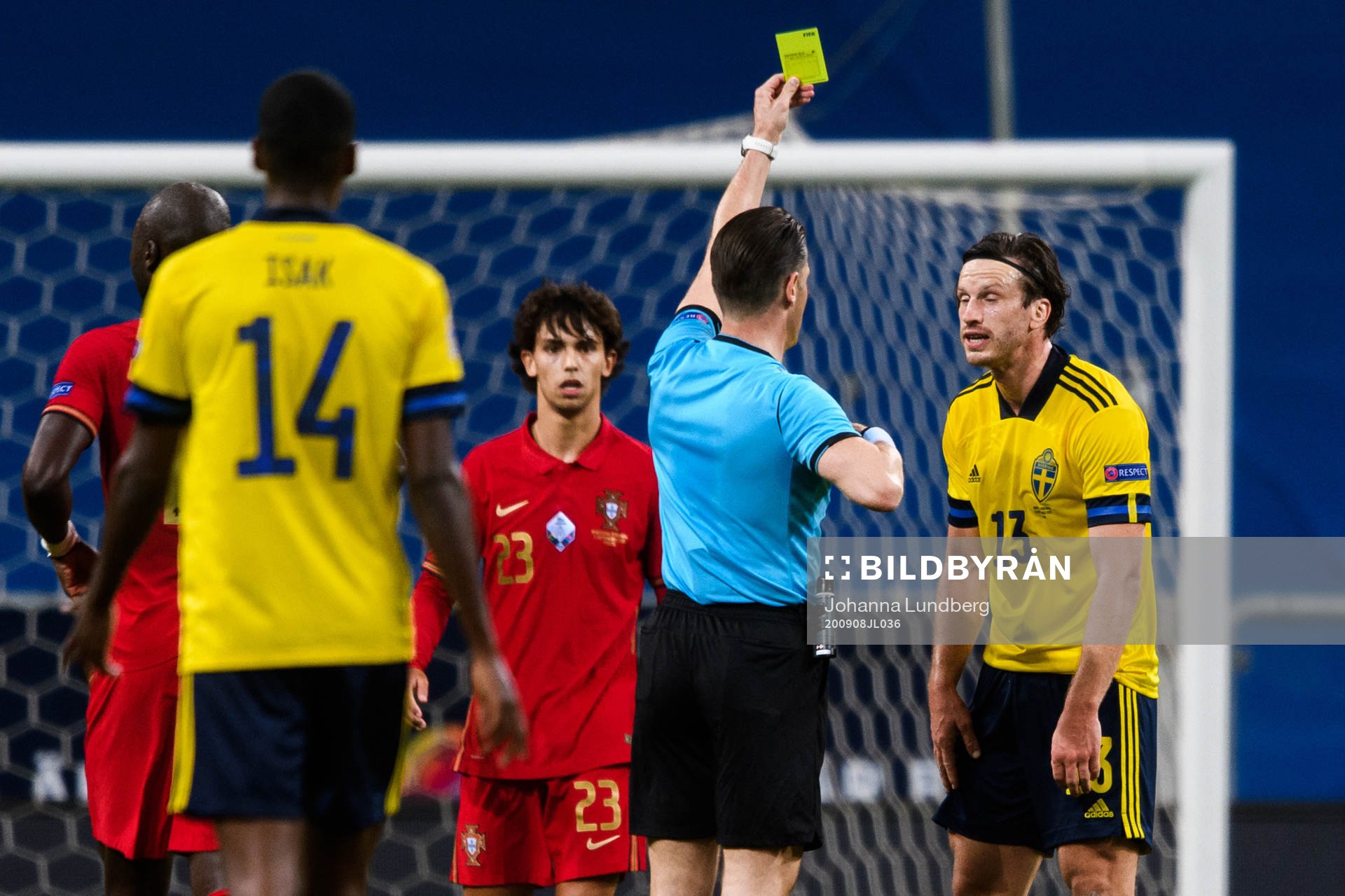 Gustav Svensson of Sweden receives his second yellow card