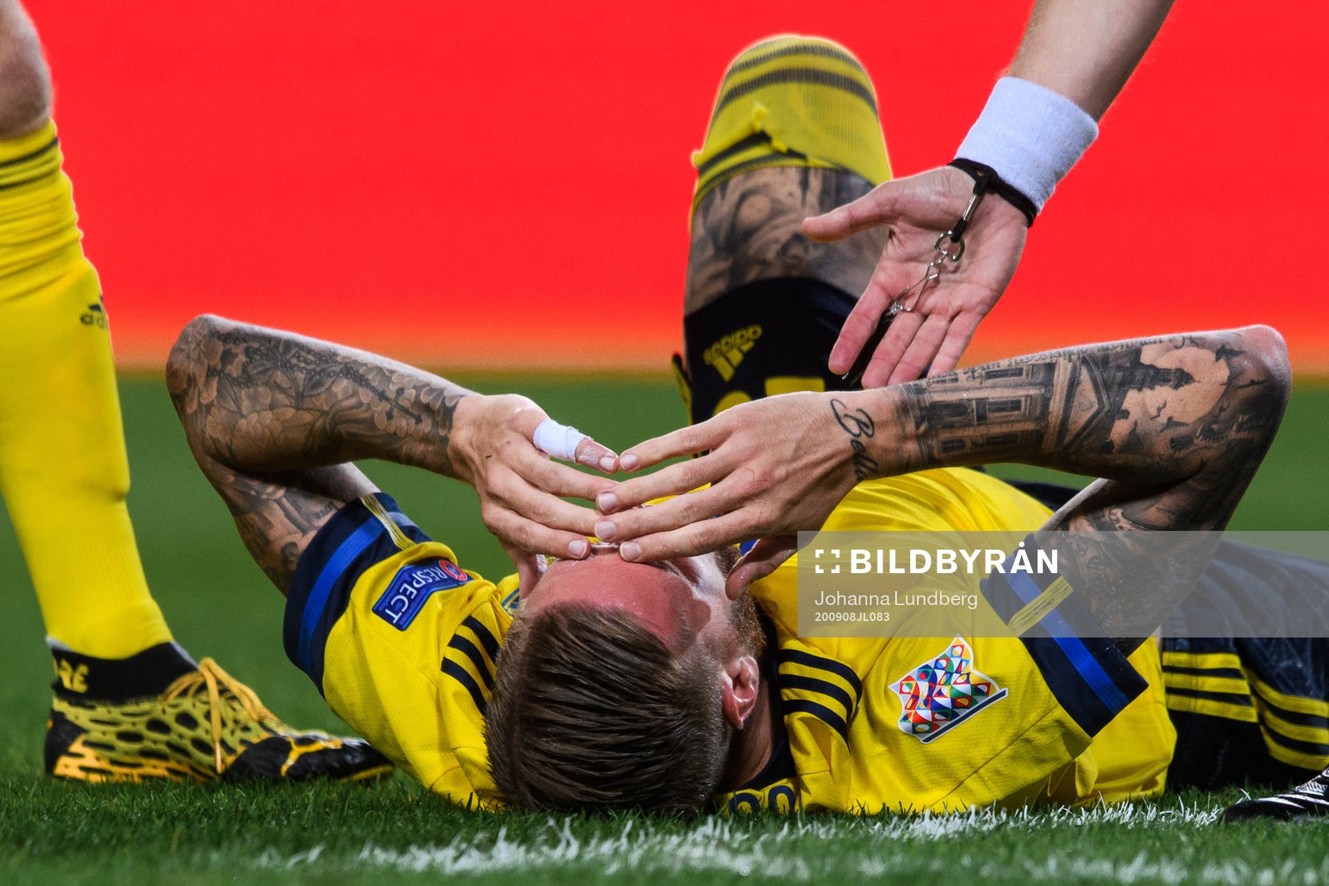 Pontus Jansson of Sweden in pain