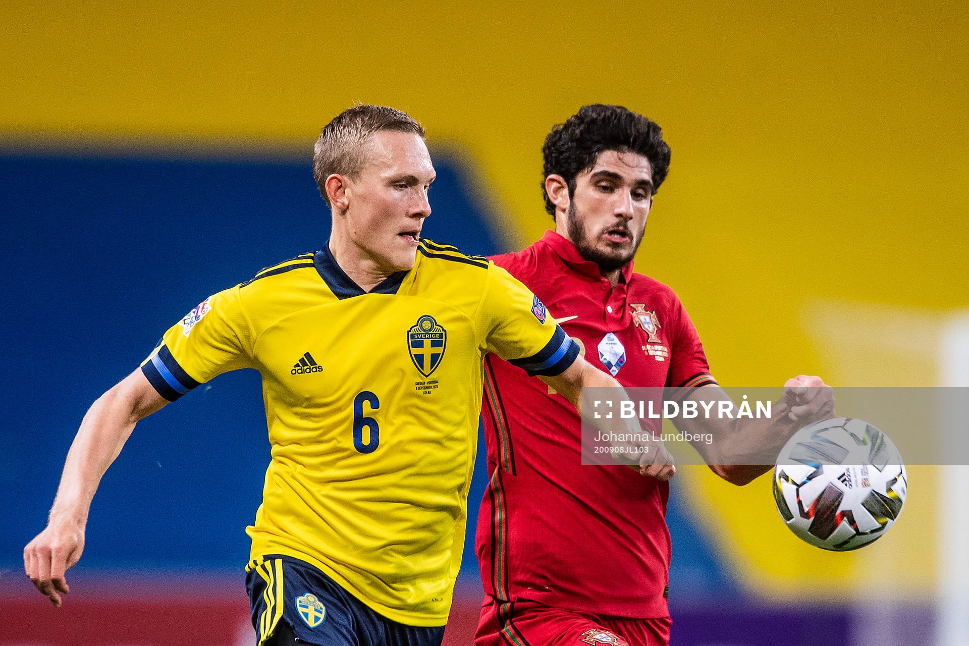 Ludwig Augustinsson of Sweden and Goncalo Guedes of Portugal during the Nations League football match between Sweden and Portugal on September 8, 2020 in Stockholm.