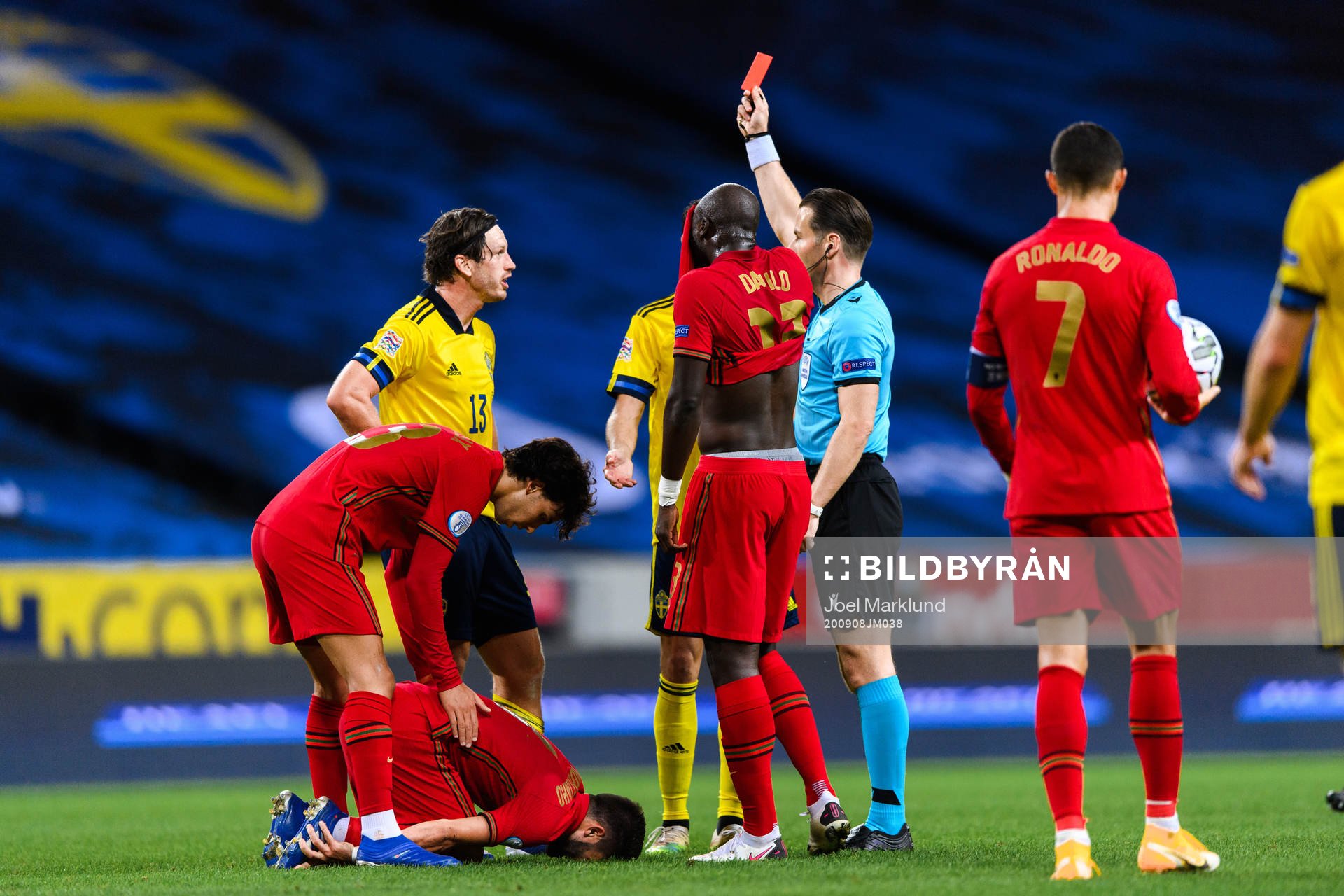 Gustav Svensson of Sweden receives a red card