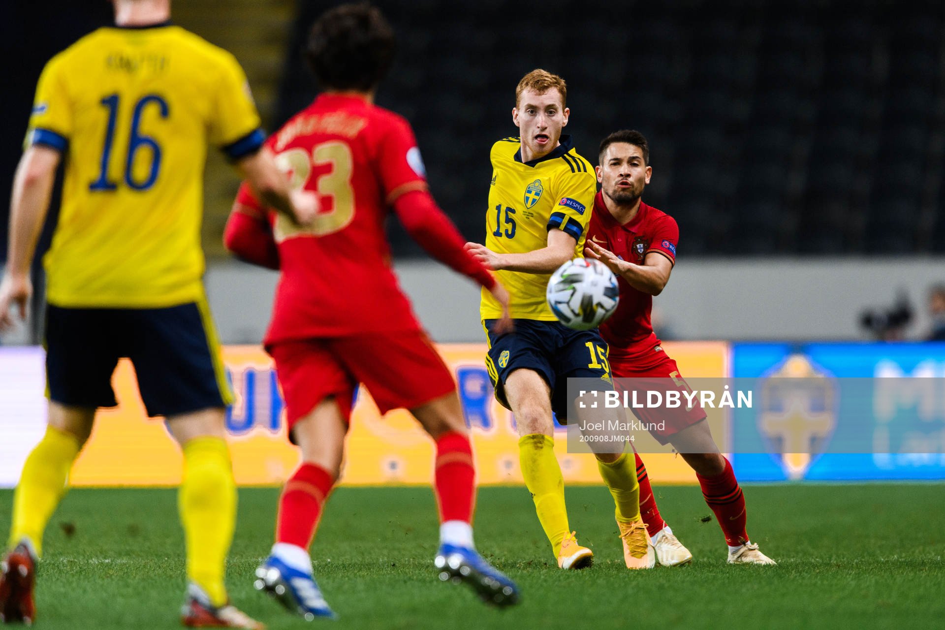 Dejan Kulusevski of Sweden and Raphael Guerreiro of Portugal