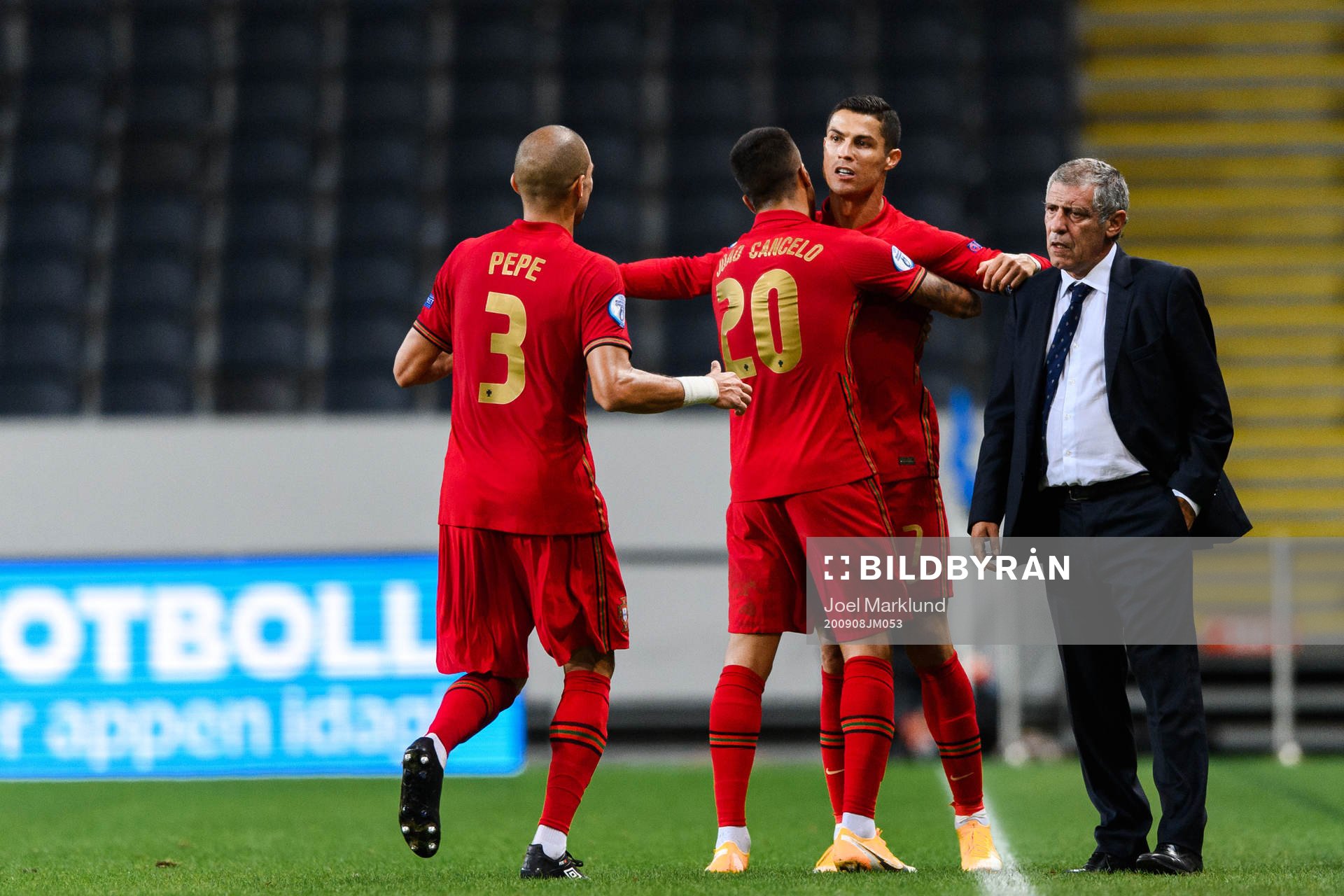 Pepe , Joao Cancelo, Cristiano Ronaldo and head coach Fernando Santos of Portugal celebrate the 0-1 goal during the Nations League football match between Sweden and Portugal on September 8, 2020 in Stockholm.