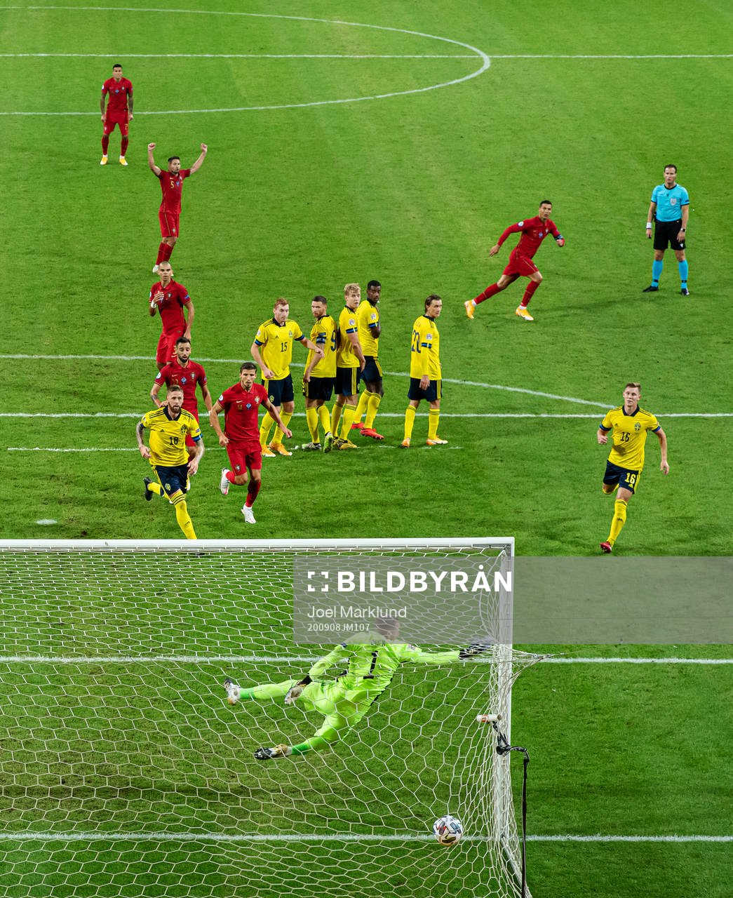Goalkeeper Robin Olsen of Sweden lets in the 0-1 goal from