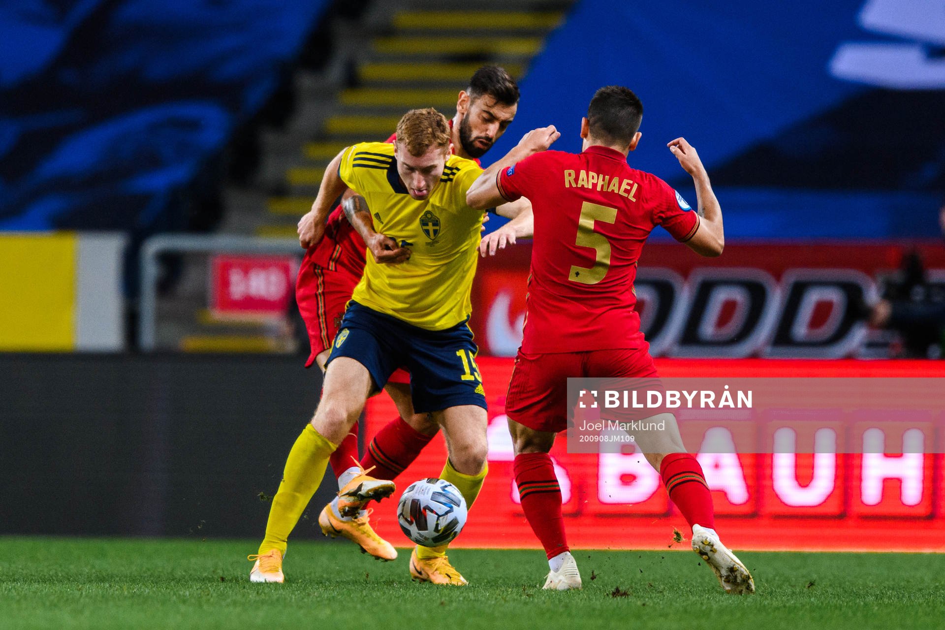 Dejan Kulusevski of Sweden against Bruno Fernandes and