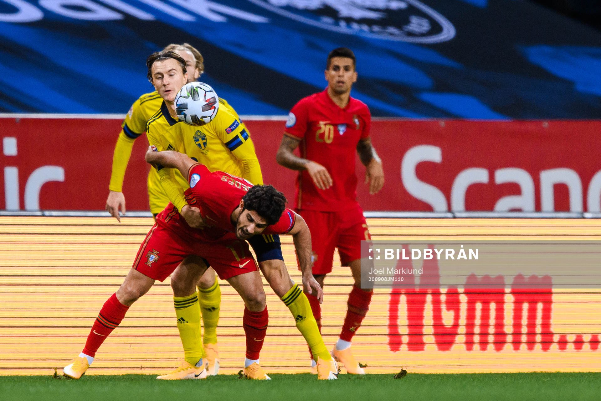 Kristoffer Olsson of Sweden and Goncalo Guedes of Portugal during the Nations League football match between Sweden and Portugal on September 8, 2020 in Stockholm.