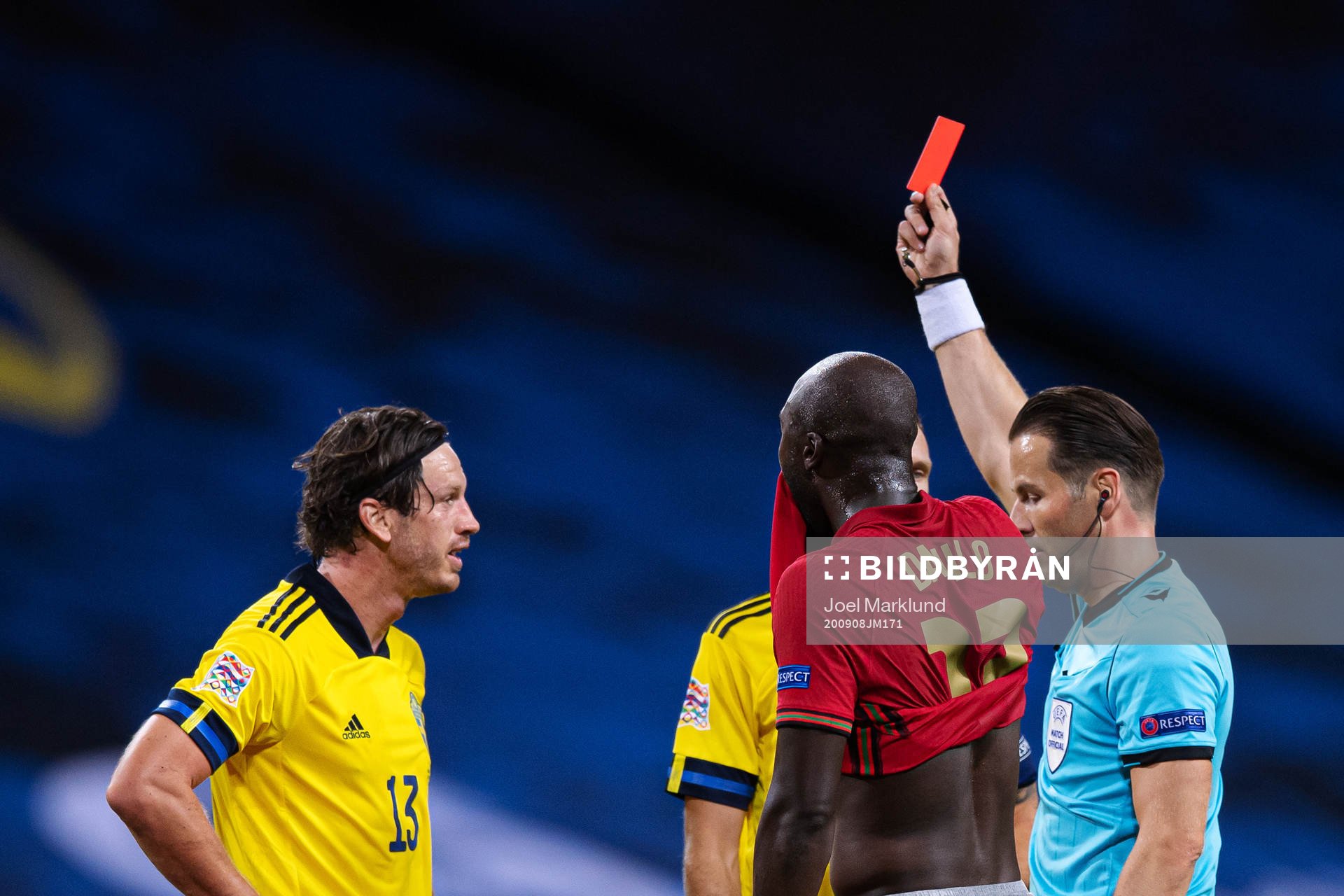 Gustav Svensson of Sweden is being awarded a red card by