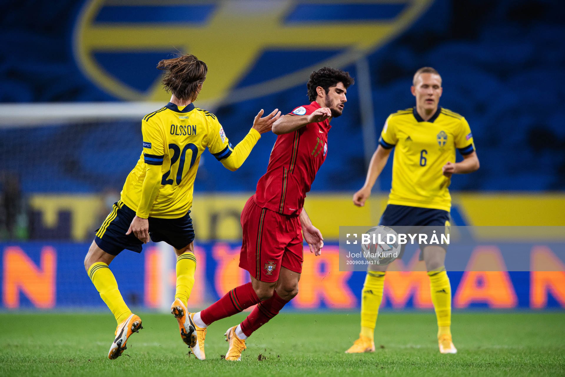 Kristoffer Olsson of Sweden and Goncalo Guedes of Portugal during the Nations League football match between Sweden and Portugal on September 8, 2020 in Stockholm.