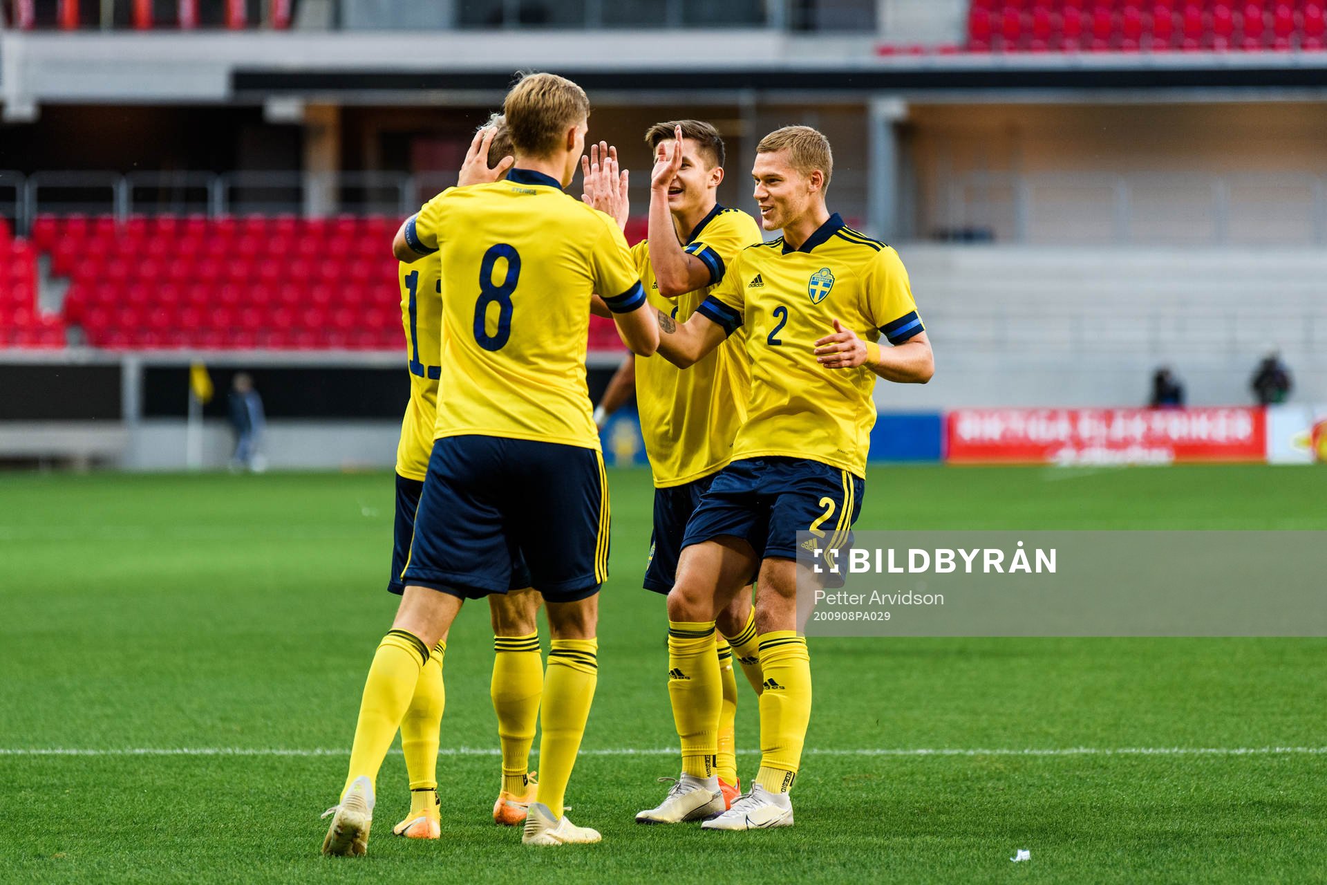 Pontus Almqvist, Svante Ingelsson , Felix Beijmo and Pontus Almqvist of Sweden celebrate the 1-0 goal during the UEFA European Under-21 Qualifier football match between Sweden and Italy on September 8, 2020 in Kalmar.