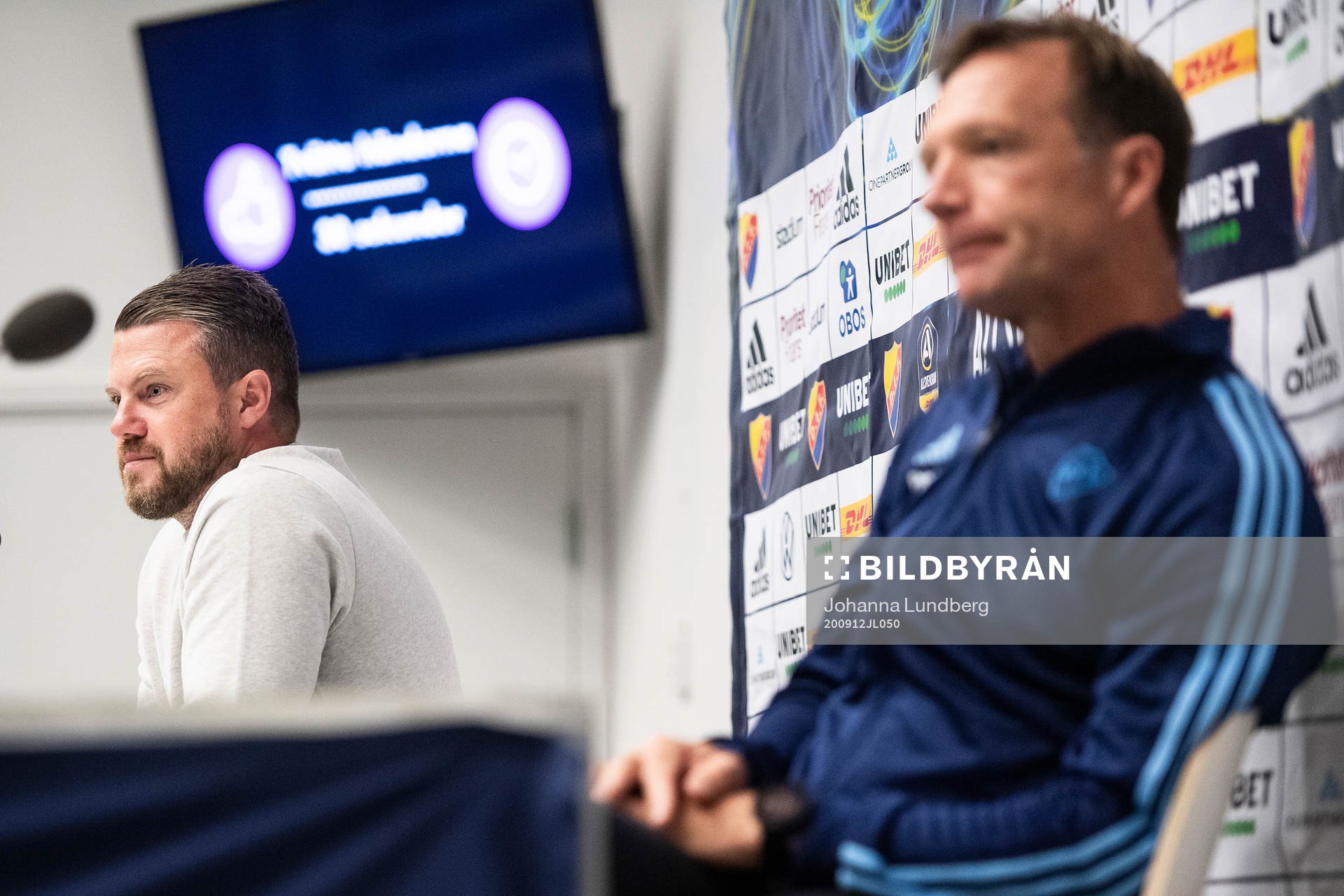 Elfsborgs manager Jimmy Thelin och Djurgårdens tränare Kim Bergstrand deltar i en presskonferens efter fotbollsmatchen i Allsvenskan mellan Djurgården och Elfsborg den 12 september 2020 i Stockholm.