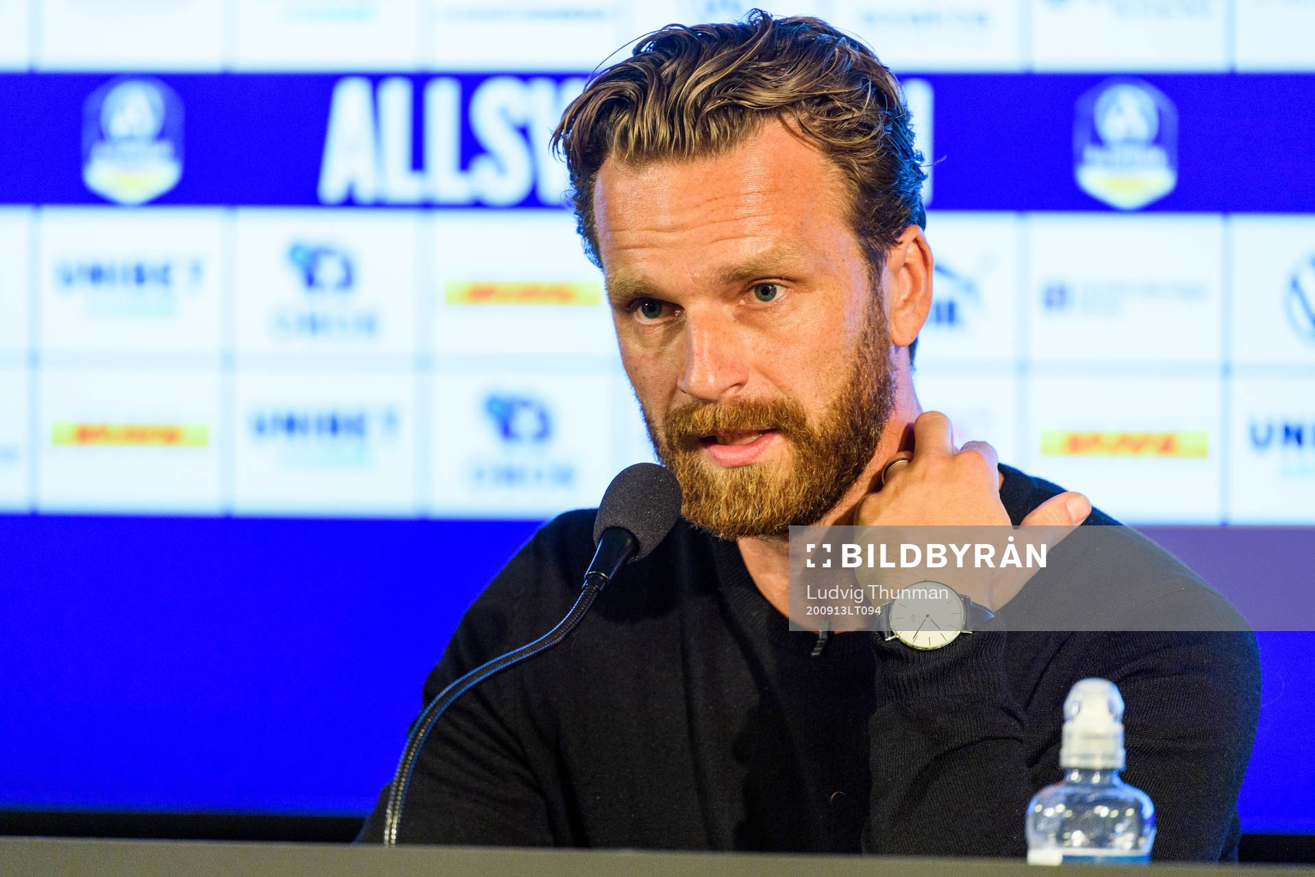 AIK:s tränare Bartosz Grzelak under presskonferensen efter fotbollsmatchen i Allsvenskan mellan Malmö FF och AIK den 13 september 2020 i Malmö.